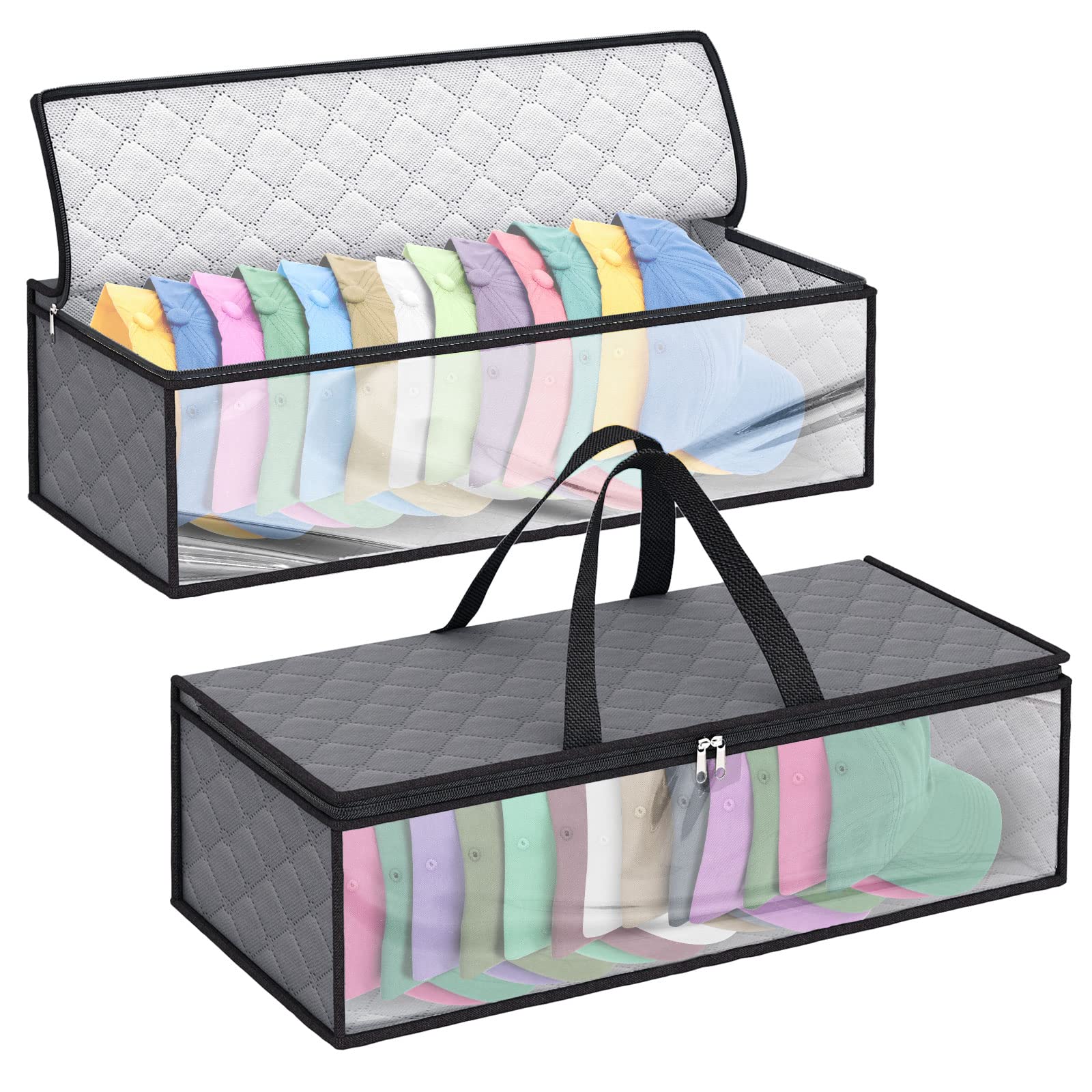 Fixwal 2-Pack Grey Hat Storage Organizer - Baseball Cap Holder Case with Dustproof & Moisture-Proof Design, 2 Carry Handles for Closet - Holds Up to 20 Hats | Perfect for Travel, Sports Gear & Home Organization