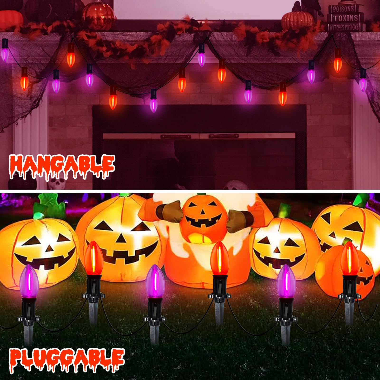 10 Pack Halloween Pathway Lights - Outdoor LED Stake Lights with C9 Clear Purple & Orange Bulbs, 19.5Ft Extendable Walkway Lighting for Garden, Yard, Porch, Driveway & Sidewalk - Perfect for Halloween Party Decorations & Spooky Nighttime Ambiance