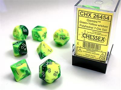 Gemini® Polyhedral 7-Dice Set in Green, Yellow & Silver - Perfect for Dungeons & Dragons, MTG, and Tabletop RPG Gaming