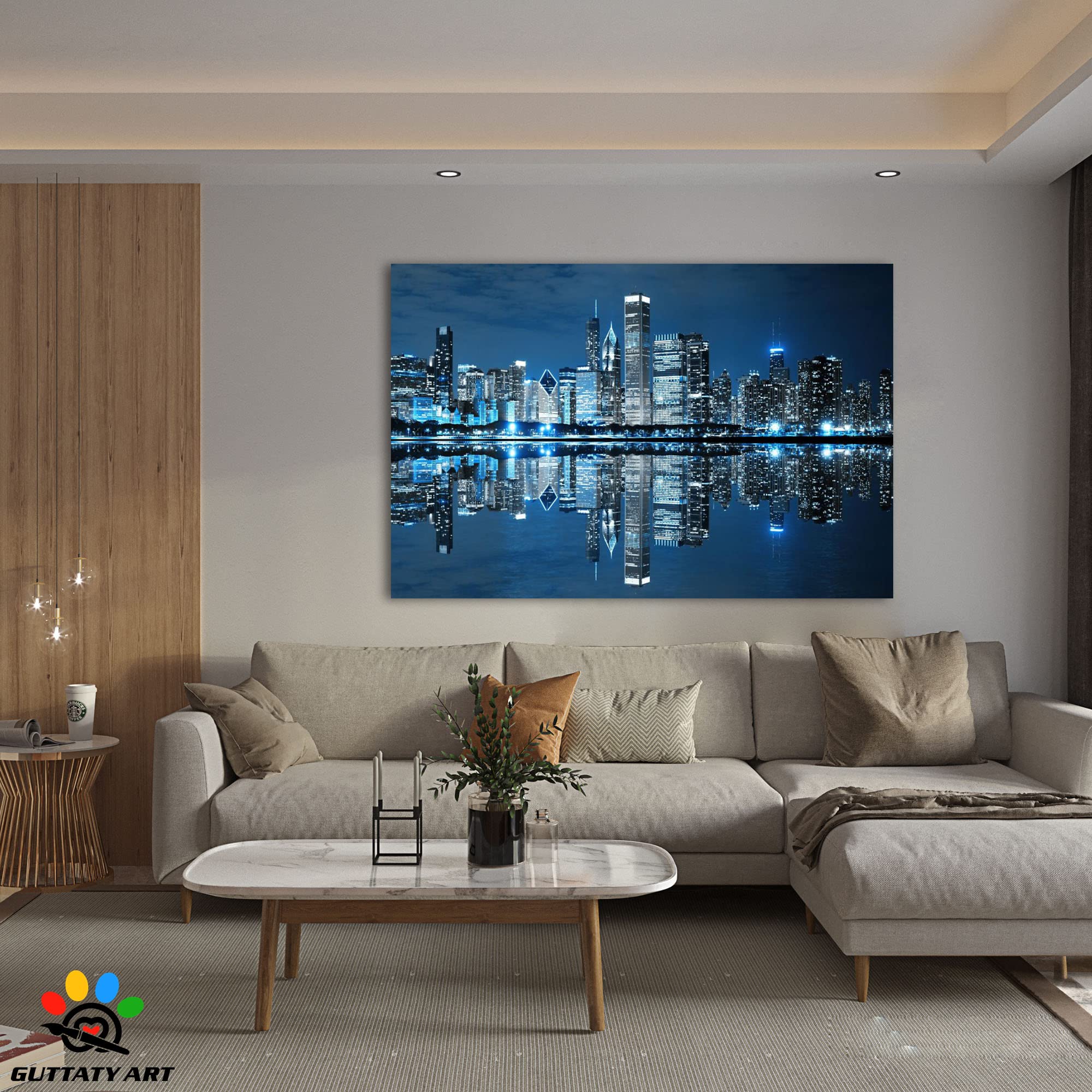 Blue Chicago Skyline Canvas Wall Art - Modern Cityscape Photography Framed Painting (32x48 Inches) for Living Room, Bedroom & Office Decor | Night View Urban Landscape Home Décor