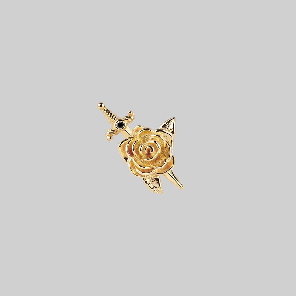 RHAPSODY Dagger Through Rose Stud Earrings - 14K Gold Plated Gothic Jewelry for Women | Perfect for Valentine's Day, Date Night & Punk Fashion