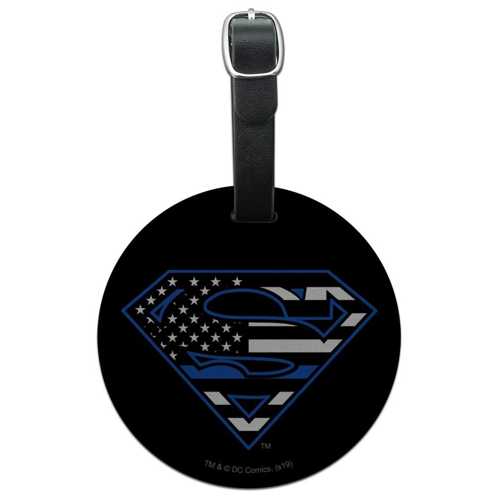 Superman Thin Blue Line Shield Logo Round Leather Luggage Tag - Durable ID Card Holder for Travel Bags, Suitcases & Backpacks - Perfect for Police Officers, First Responders & Patriotic Travelers