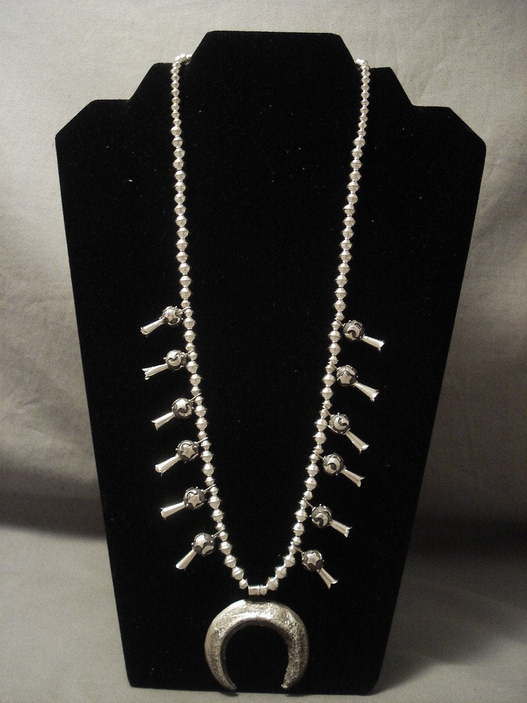 Vintage Navajo Tufa Cast Silver Squash Blossom Necklace - Authentic Native American Jewelry | Handmade Southwest Style Necklace for Women, Boho Fashion Accessory, Wedding & Special Occasion Gift