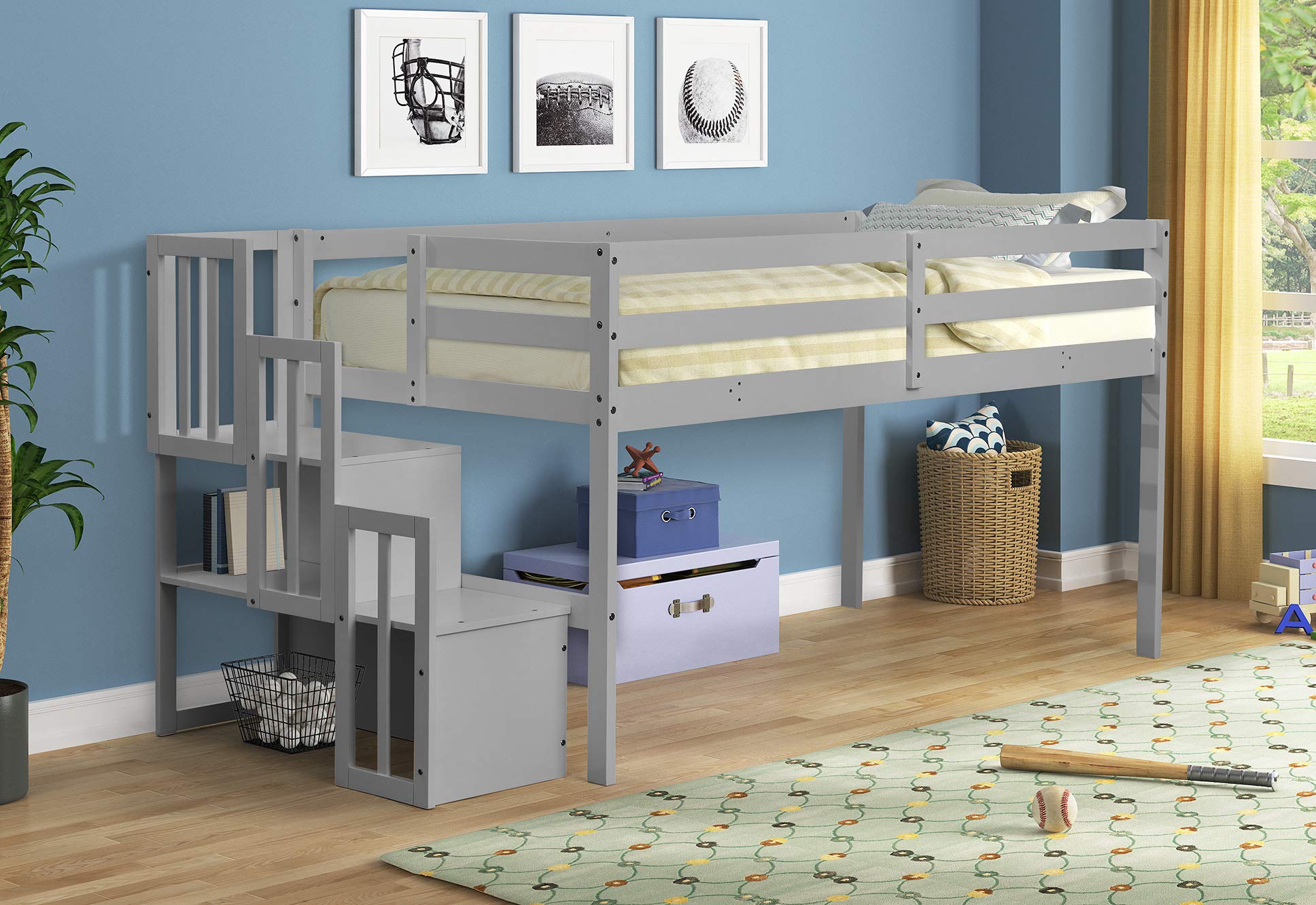 **Low Loft Twin Bed with Staircase & Storage - Wooden Loft Bed Frame with Safety Rails - Space-Saving Kids & Toddler Bed for Small Rooms - Perfect for Dorms, Apartments & Bedrooms (Gray)**