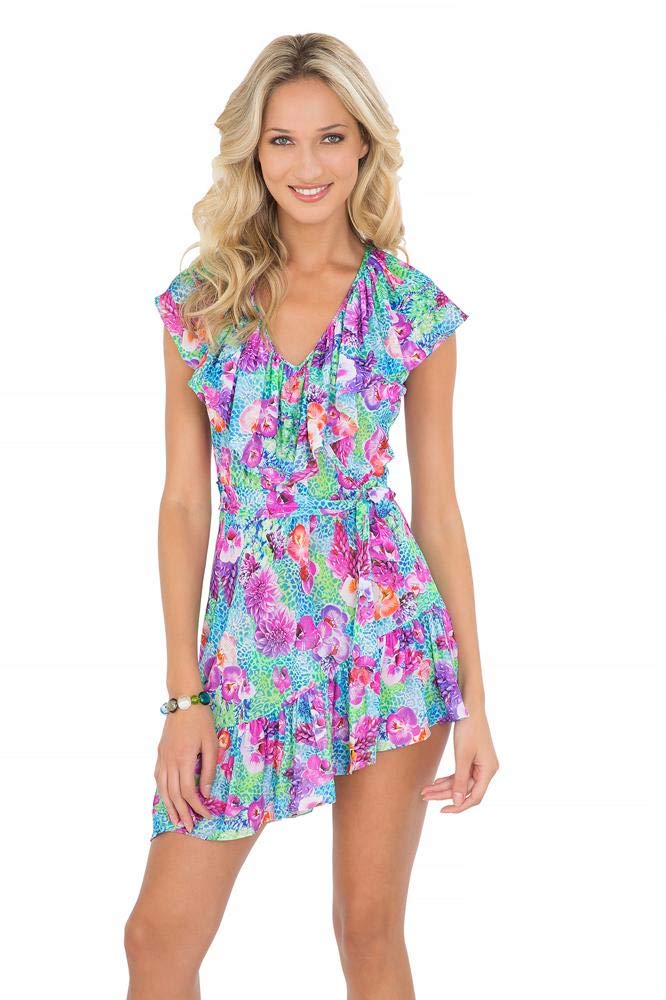 Luli Fama Women's Summer Floral Dress - Elegant Short Sleeve A-Line Dress for Beach, Party & Casual Wear