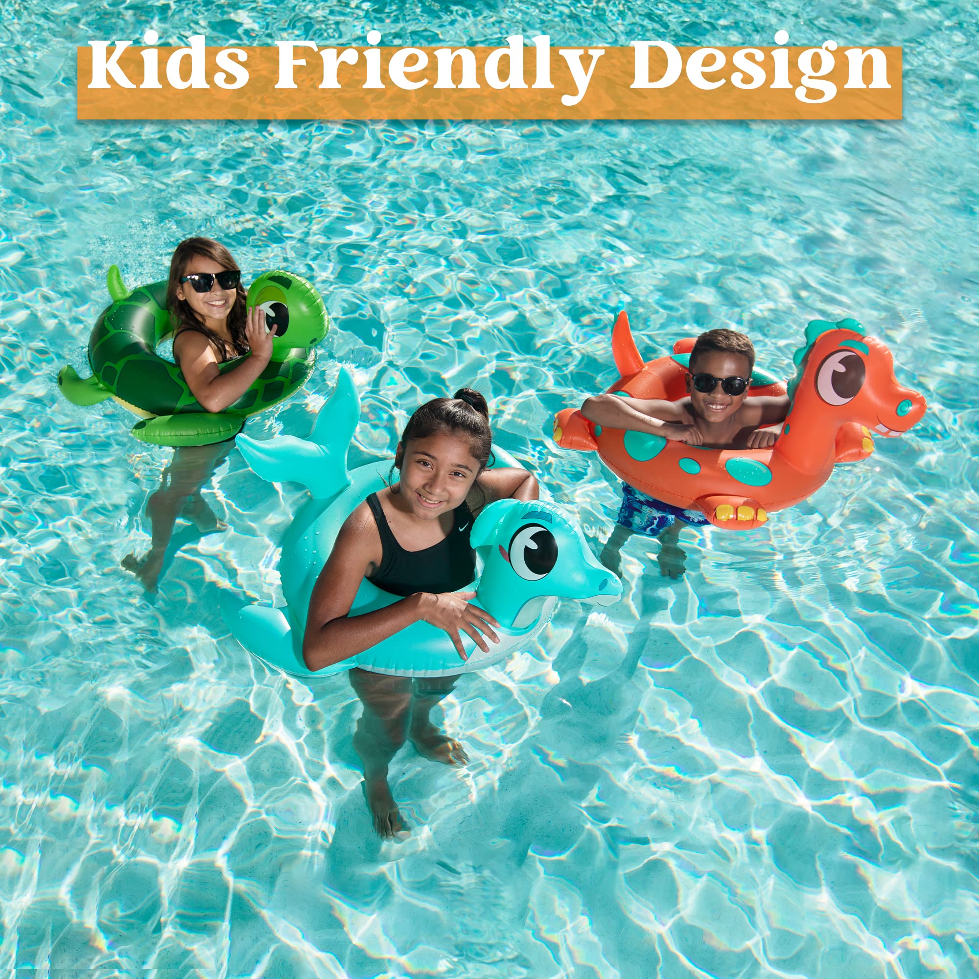 Kids Inflatable Pool Floats - 3-Pack Dinosaur, Sea Turtle & Dolphin Swimming Rings for Toddlers, 29