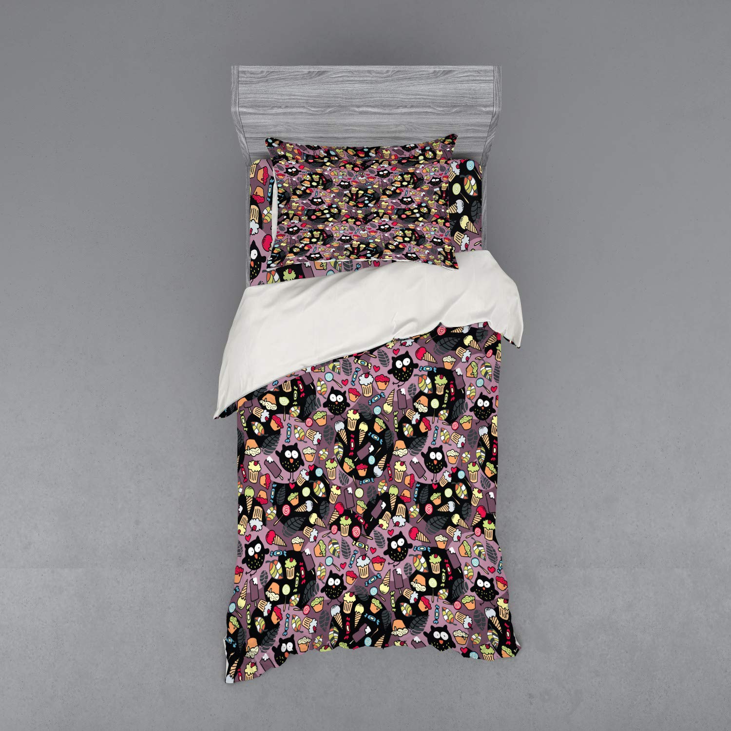 Ambesonne Owls Duvet Cover Set - Whimsical Owl & Dessert Print with Abstract Leaves, 3-Piece Twin Size Bedding Set (Duvet Cover + Sham + Fitted Sheet) | Perfect for Kids' Room, Teen Bedroom & Owl-Themed Decor