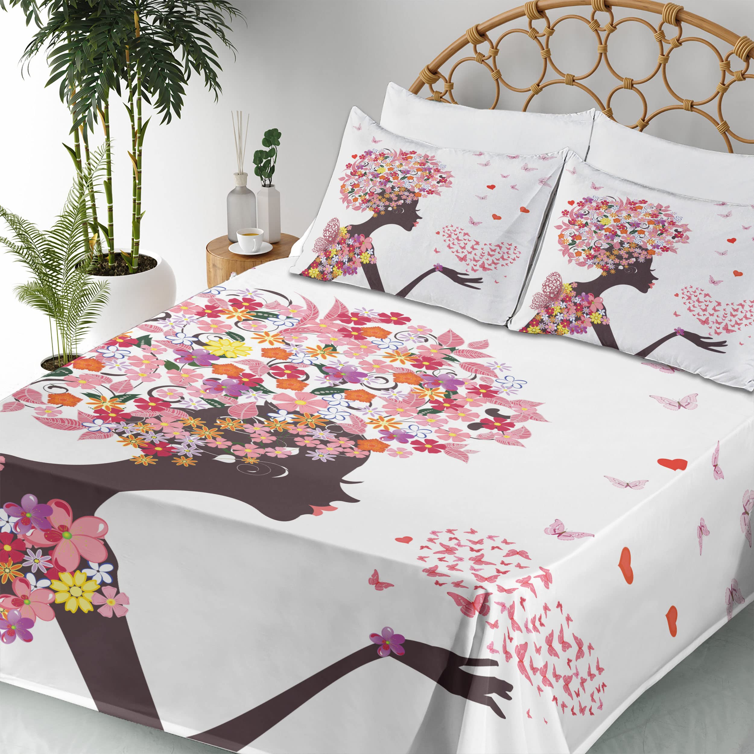 Ambesonne 4-Piece King Size Butterfly Print Sheet Set - Floral Fantasy Animal Design with Fitted Sheet, Flat Sheet & Pillowcases - Soft Bedding for Girls Room, Summer Decor & Boho Chic Bedroom Aesthetic