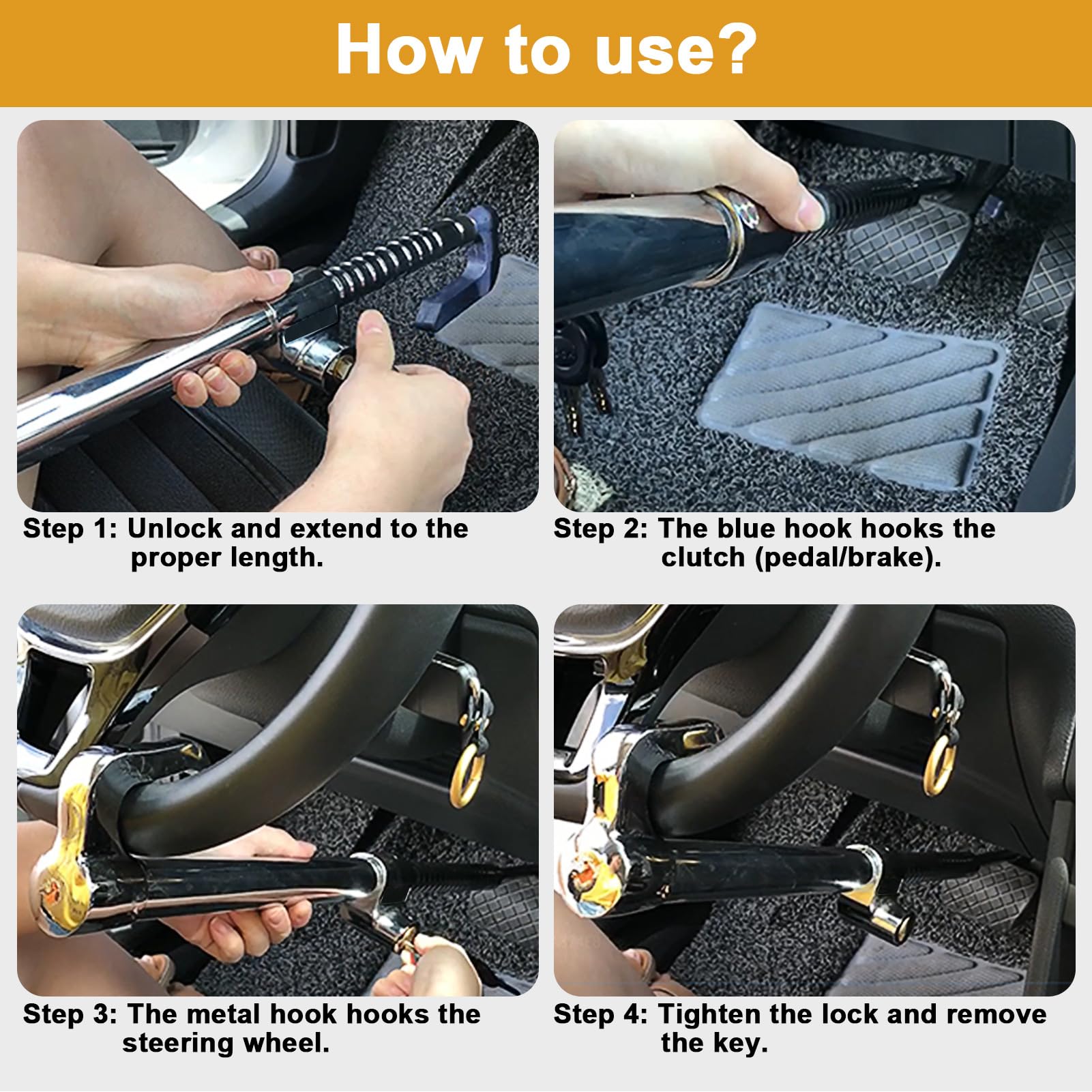 Universal Anti-Theft Steering Wheel Lock - Adjustable Car Security Device for Sedan, Truck, Van & SUV with 3 Keys (Max 34in) | Theft Protection for Parking & Road Trips