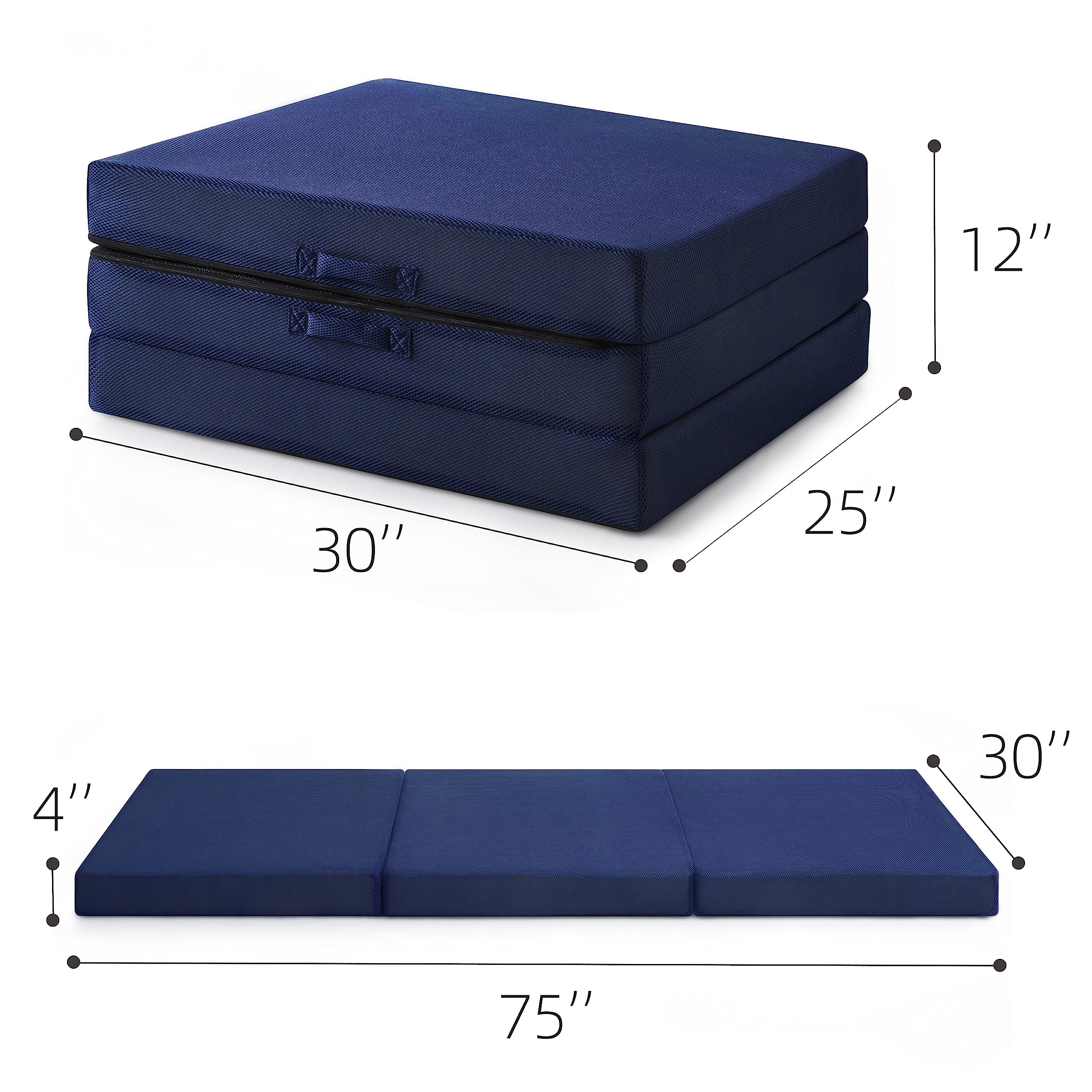Memory Foam Folding Sleeping Mat for Adults - Breathable Trifold Mattress with Machine Washable Mesh Cover, Cot Size Floor Mattress Topper - Perfect for Guest Beds, Camping & Travel
