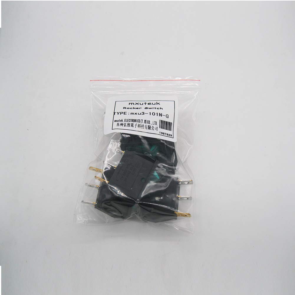 MXU3-101NG 6-Pack AC 110V/120V SPST ON-Off Rocker Switch with Green LED Light - 3 Pin Snap-in Toggle Power Switch for Home Appliances & Industrial Equipment - Perfect for Control Panels, Machinery, and DIY Electrical Projects