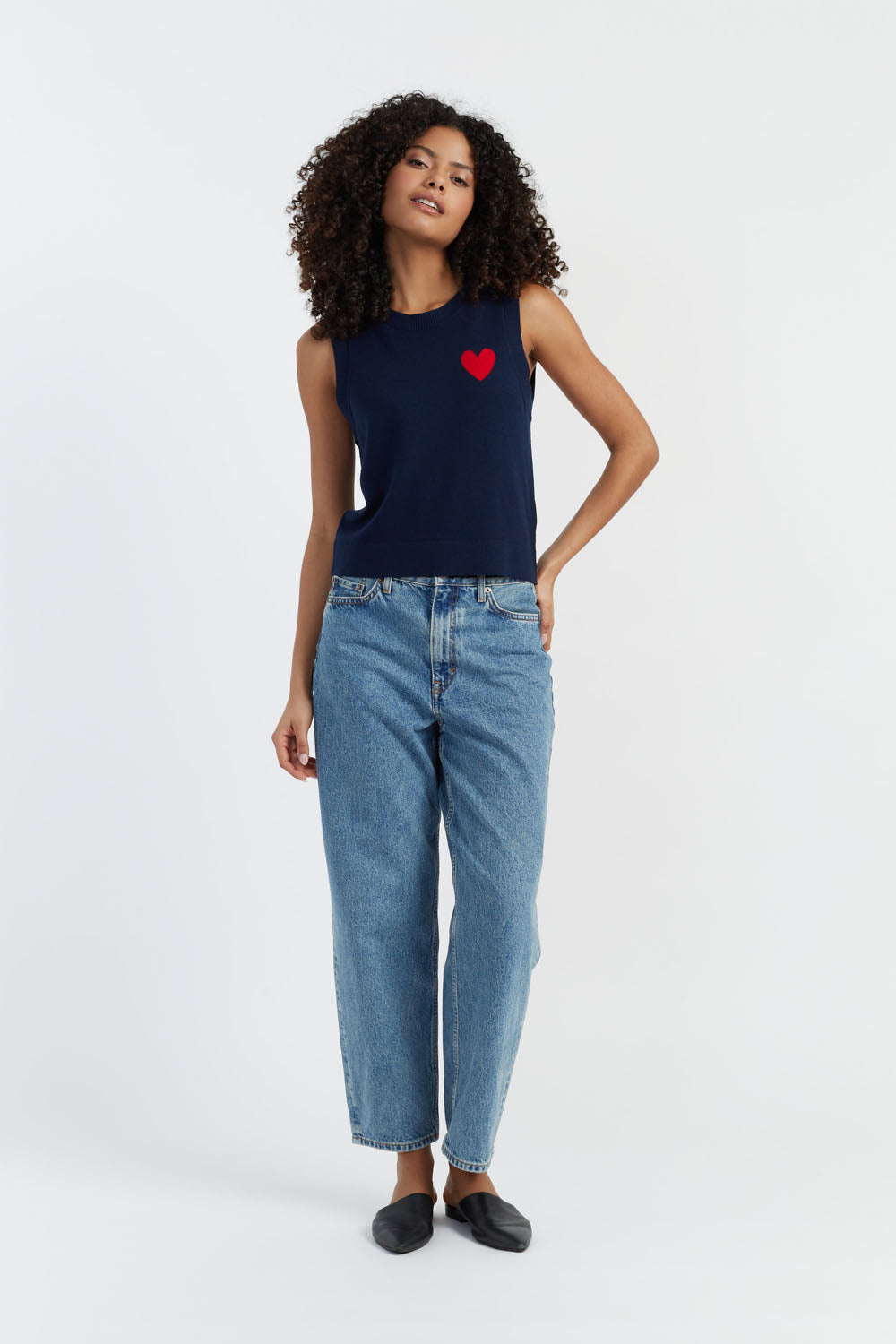 Navy Merino Wool Heart Breton Tank Top for Women - Soft Breathable Summer Layering & Casual Wear