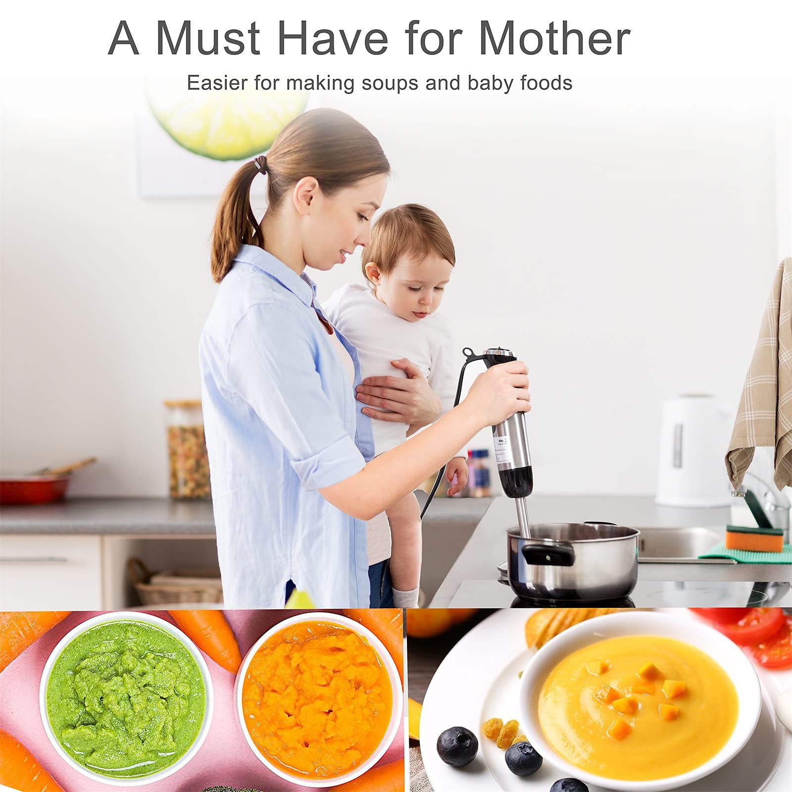 Keylitos 5-in-1 Immersion Hand Blender - 12-Speed Powerful Stick Blender with 304 Stainless Steel Blades, Food Chopper, Mixing Beaker, Whisk & Milk Frother - Perfect for Smoothies, Baby Food, Sauces, Purees & Soups - Ideal for Home Kitchen, Restaurant & Meal Prep