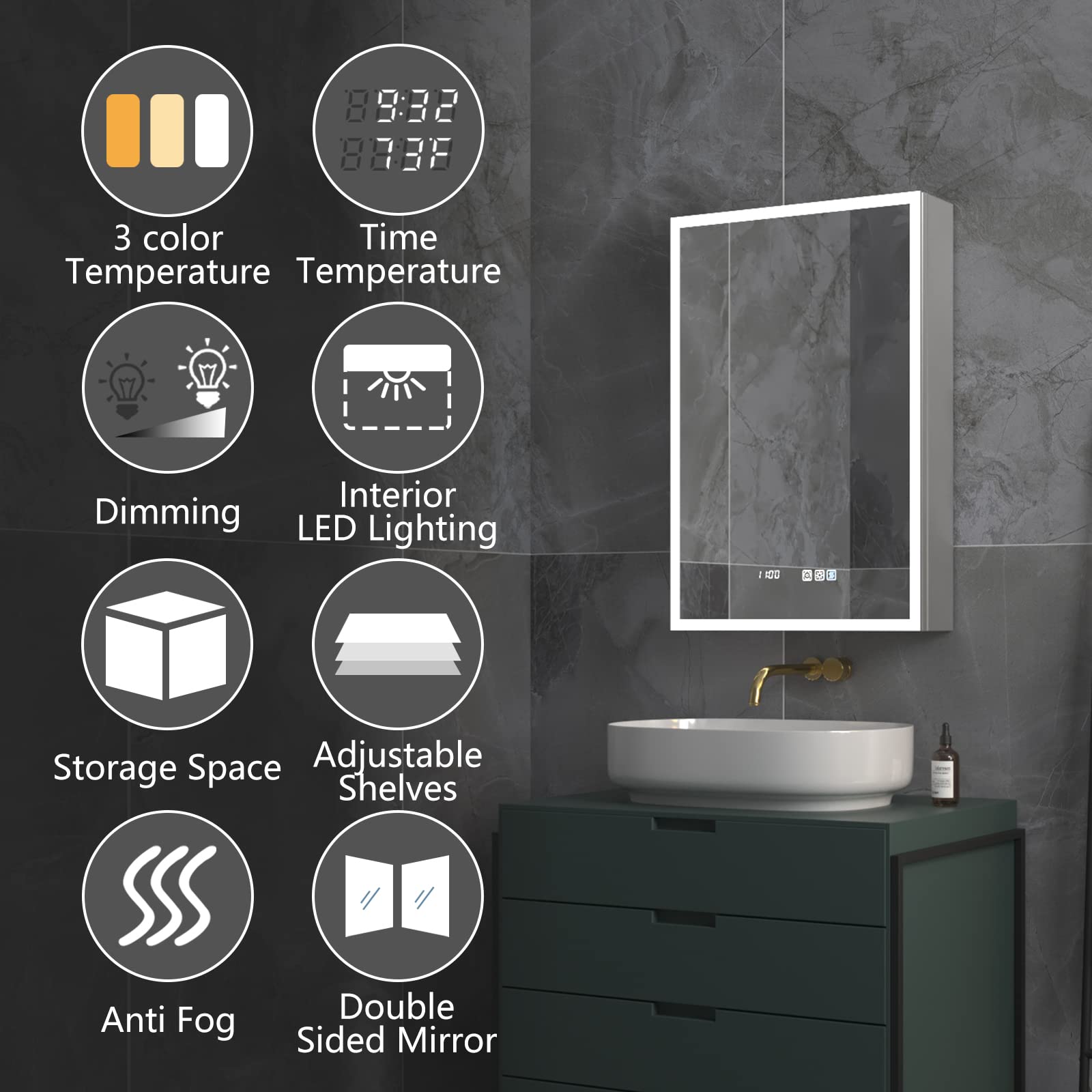 ExBrite 20x30 Inch LED Medicine Cabinet with Clock & Temperature Display - Recessed or Surface Mount, Anti-Fog Mirror, 3-Color Dimmable Lighting (Left Hinge) - Perfect for Bathroom, Bedroom, and Vanity Organization