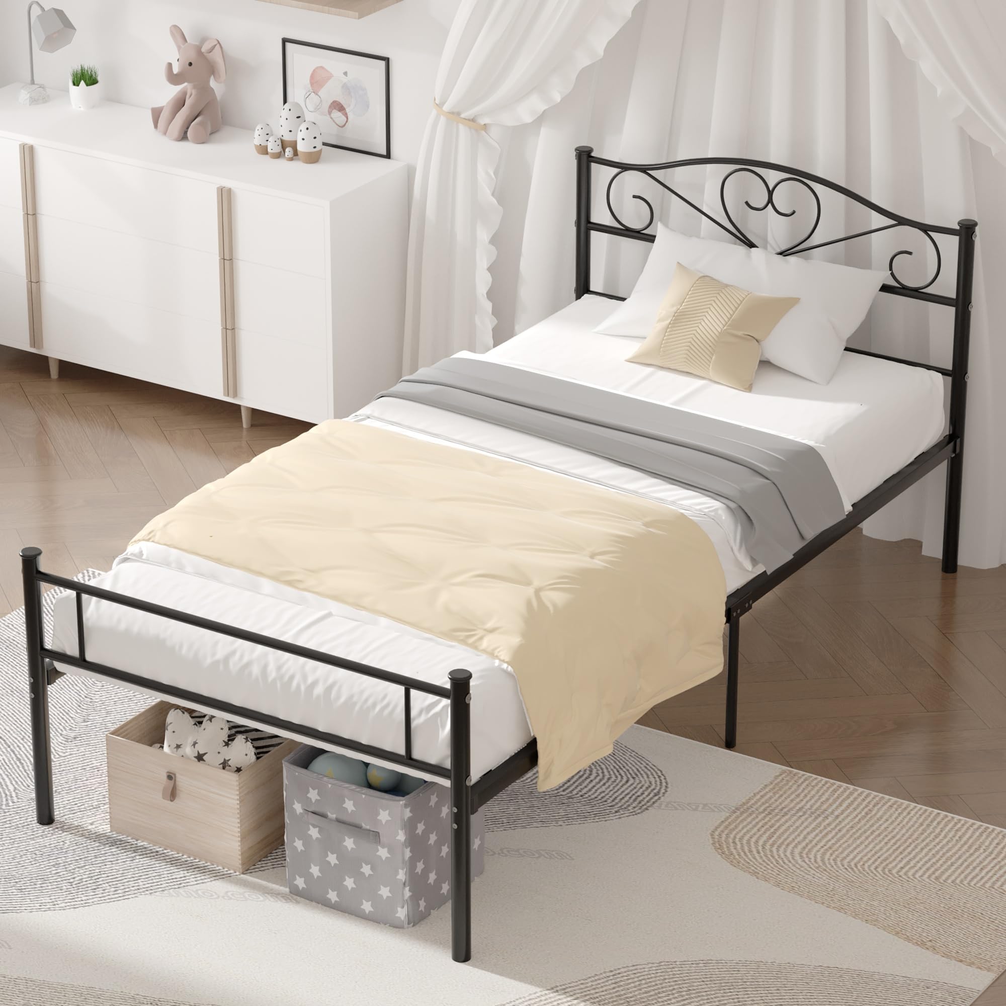 VECELO Metal Platform Bed Frame with Headboard & Footboard - Sturdy Steel Slats Mattress Foundation - No Box Spring Required - Twin Size - Matte Black - Perfect for Modern Bedrooms, Guest Rooms & Dormitories