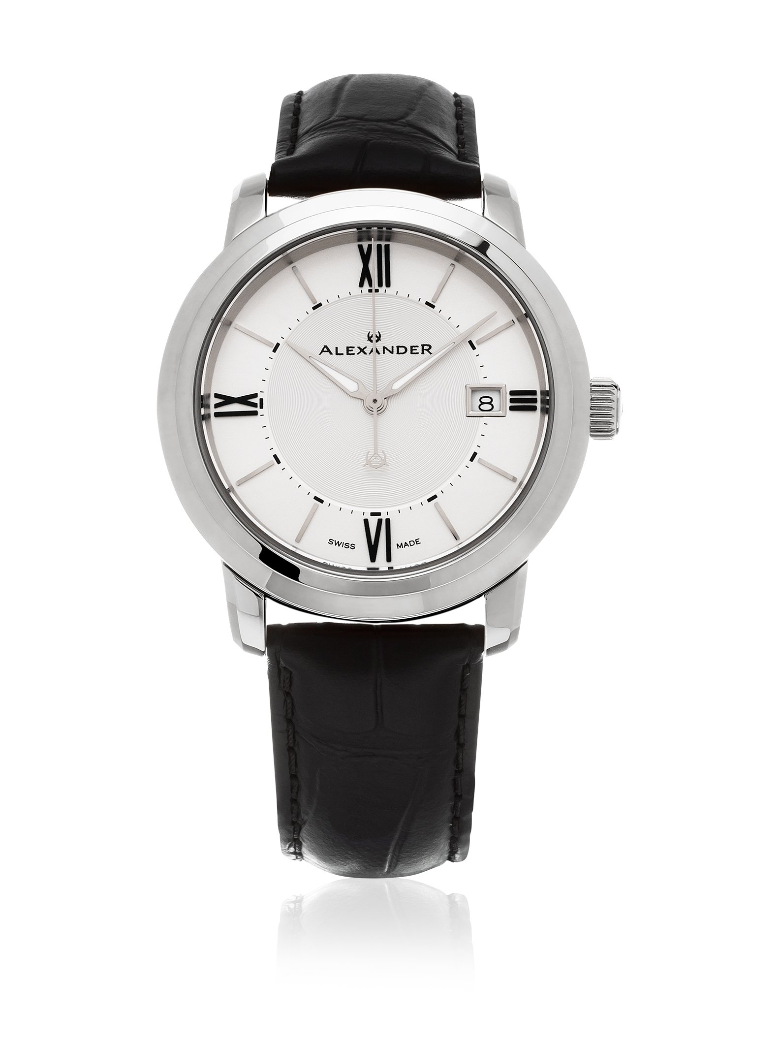 Alexander Heroic Macedon Stainless Steel Men's Dress Watch - 40mm Black Leather Band, Silver Analog Face with Date & Sapphire Crystal - Swiss Made Quartz Watch for Business, Formal Events & Gifts (Model A111-02)
