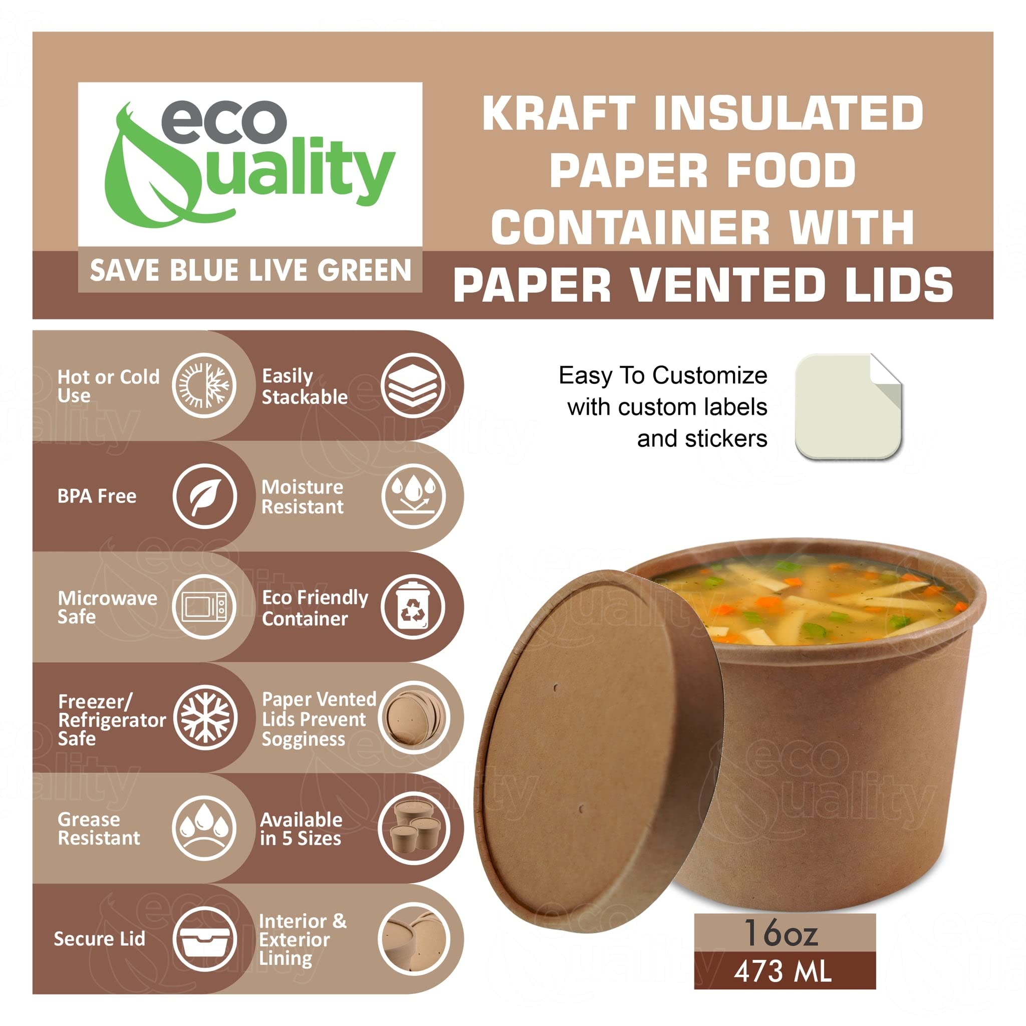 Eco-Friendly Disposable Kraft Paper Soup Bowls with Lids - 16oz Microwave & Freezer Safe Food Containers - Bulk 75 Pack for Ice Cream, Frozen Yogurt, Desserts & Takeout | Perfect for Parties, Catering & Food Storage