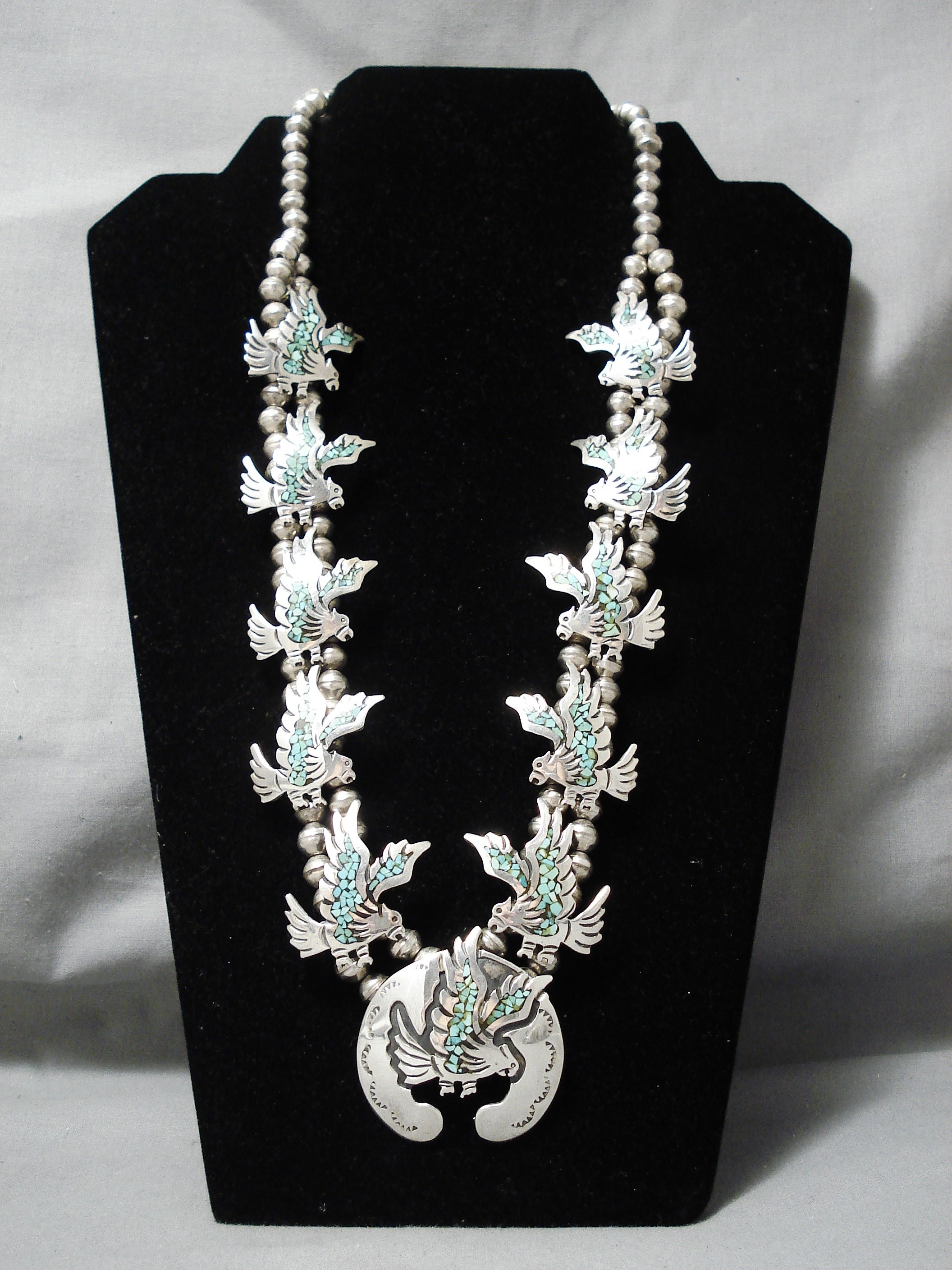 Vintage Native American Navajo Green Turquoise Sterling Silver Squash Blossom Necklace - Handmade Southwest Jewelry for Women, Boho Fashion & Special Occasions