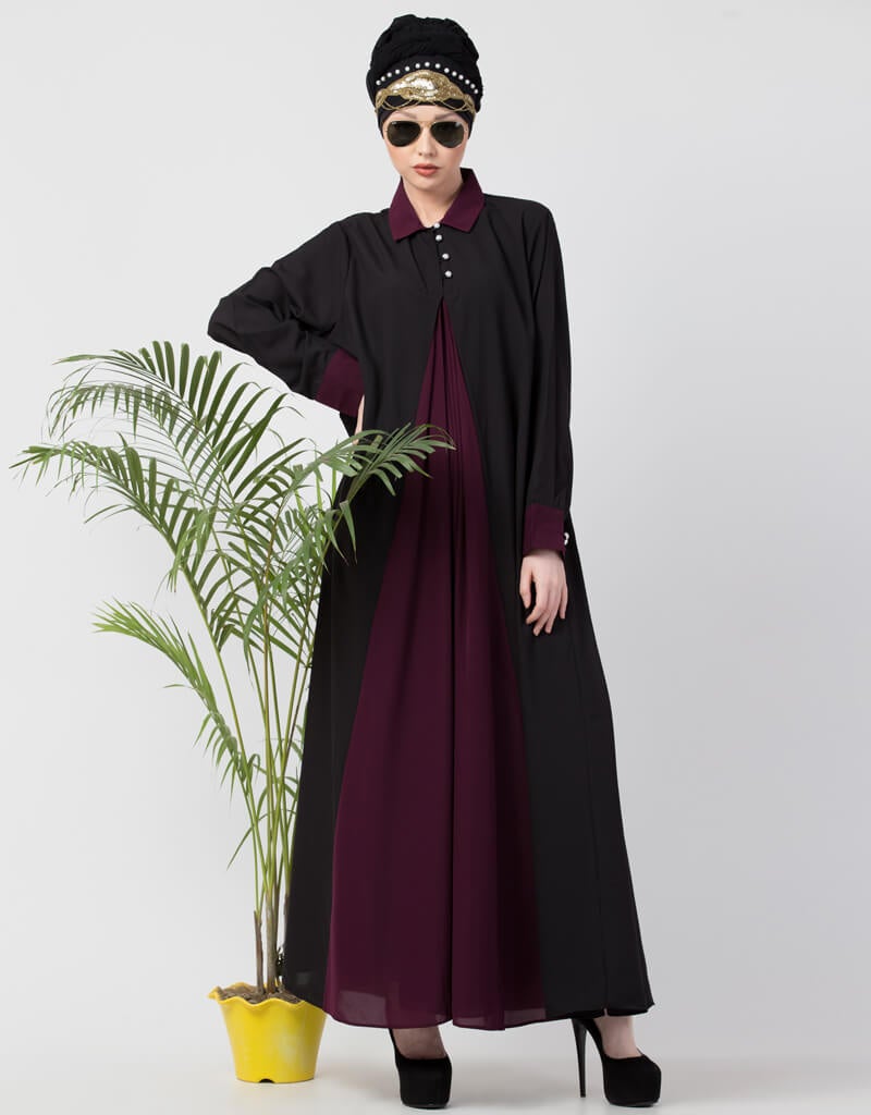 Elegant Arabic Contrast Yoke Black Wine Casual Abaya Dress - Perfect for Daily Wear, Prayer & Special Occasions