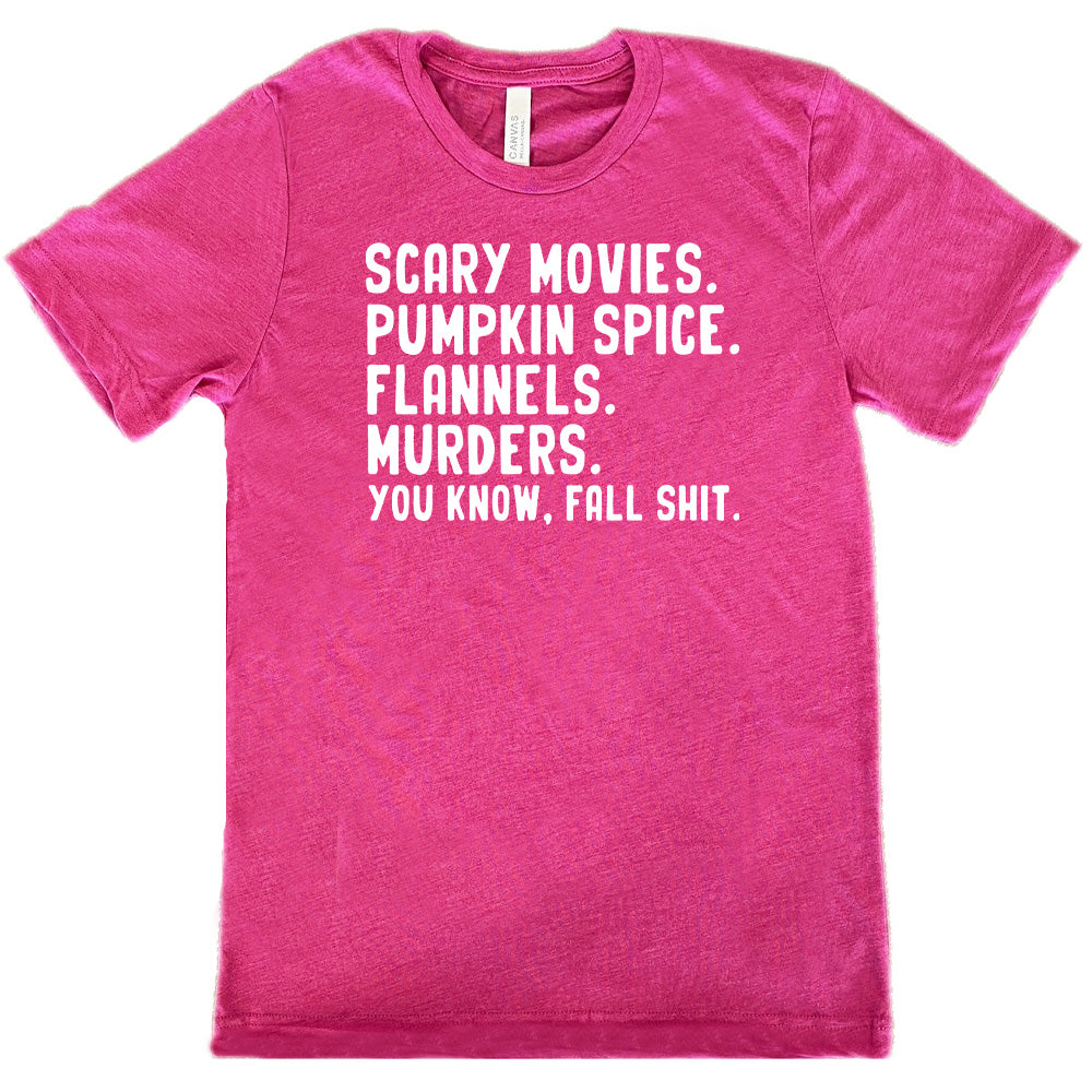 Unisex Fall Shirt - Scary Movies, Pumpkin Spice & Flannels Design | Perfect for Halloween, Autumn Outfits & Cozy Seasonal Style