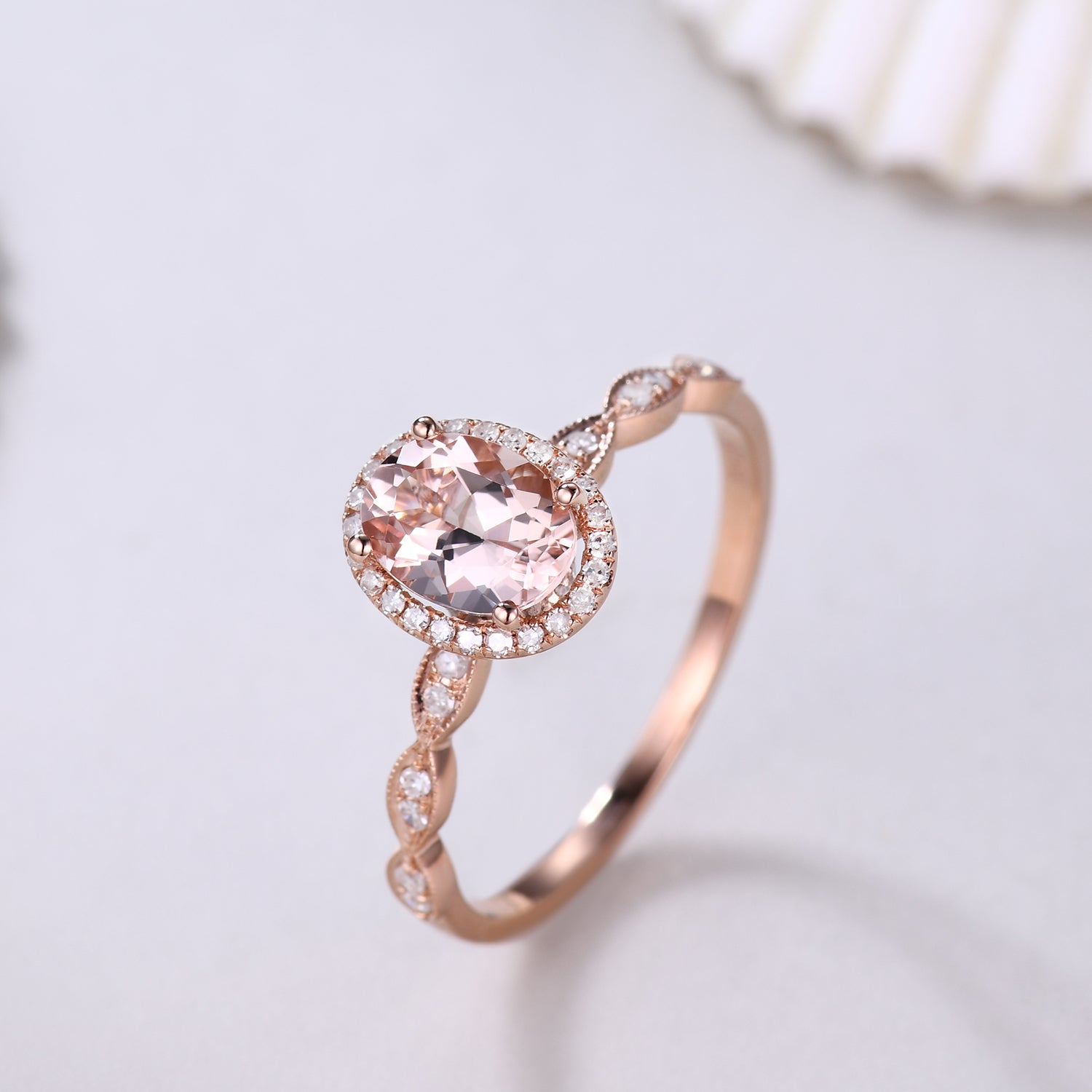 5x7mm Oval Cut Halo Morganite & Diamond Engagement Ring - Vintage Art Deco Style for Wedding, Proposal & Anniversary Gifts
