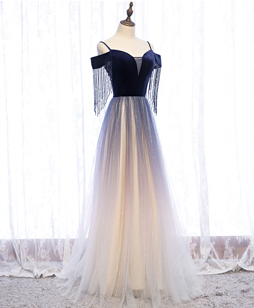 Elegant Blue Tulle Long Prom Dress with Beading & Velvet Trim - Perfect for Formal Dances, Evening Galas & Special Occasions