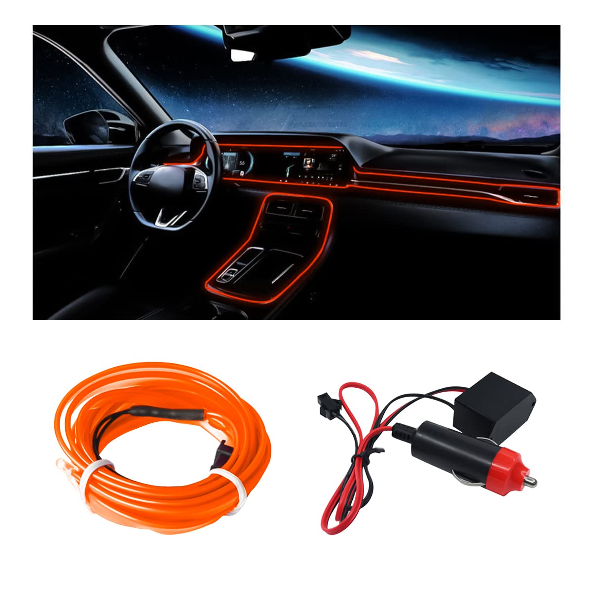 EL Wire Car Interior LED Strip Lights - 16FT Orange Neon Light with Sewing Edge for Auto Cigarette Lighter, Electroluminescent Ambient Lighting Kit with Fuse Protection - Perfect for Car Decoration, Night Driving & Interior Customization