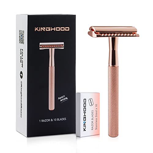 KINGHOOD Double Edge Safety Razor for Men & Women - 10 Stainless Steel Blades, Reusable Metal Shaving Razor for Smooth Clean Shave (Rose Gold) | Perfect for Travel, Home & Gift Giving