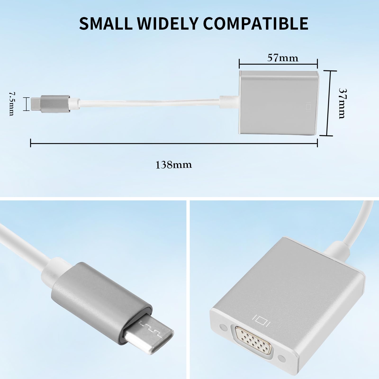 USB C to VGA Adapter 4K 60Hz, Thunderbolt 3 to VGA Converter for MacBook Pro/Air, iPad Pro, Windows Laptops, Projectors - Silver 7-inch Cable for Home Office, Presentations & Gaming