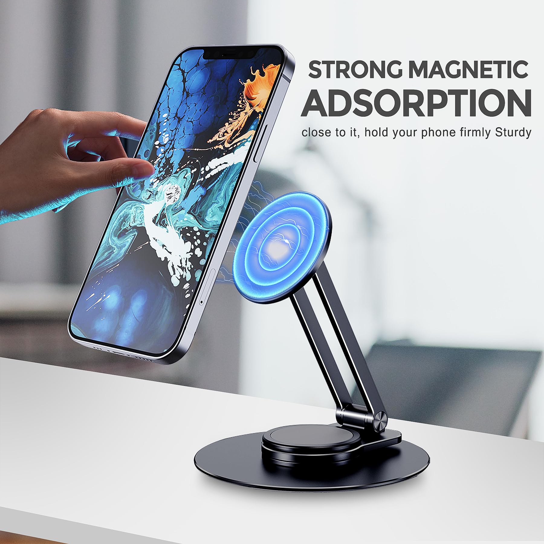 Lucrave Aluminum Magnetic Phone Stand for Desk - 360° Rotatable Adjustable Holder Compatible with iPhone 16/15/14/13 Pro Max/Plus, Galaxy S24 Ultra/S23 & Pixel 8 - Portable Travel Phone Stand (Black) | Perfect for Office, Home, Car & Travel Use