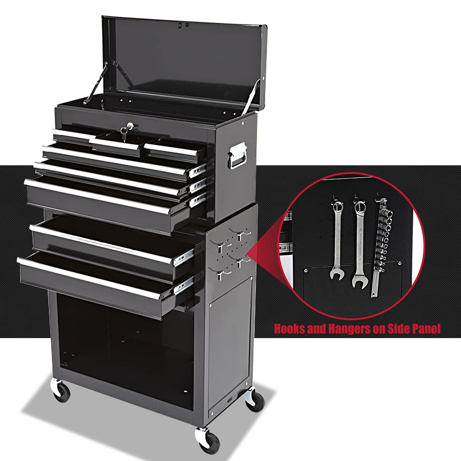 8-Drawer Rolling Tool Chest - 2-in-1 High Capacity Tool Box & Detachable Organizer, Heavy-Duty Tool Storage Cabinet with 4 Wheels & Lockable Lined Drawers for Garage, Warehouse, Workshop, DIY Projects (Black) - Perfect for Mechanics, Carpenters, and Home Improvement Enthusiasts