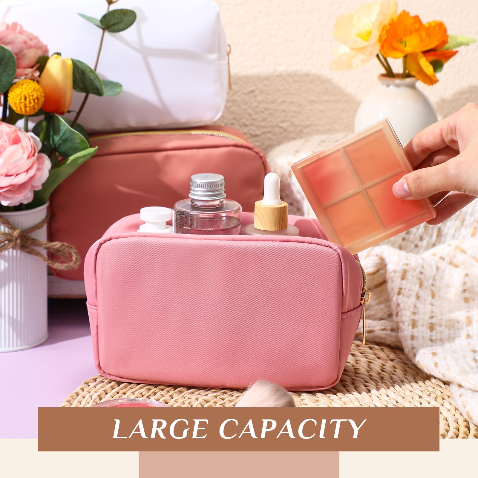 Sweetude Kacctyen 10-Piece Nylon Makeup Bag Set - Reusable Cosmetic Organizer for Women, Large Capacity Travel Toiletry Bag with Zipper (Pink & Brown) - Perfect for Travel, Gym, Daily Makeup Storage & Organization