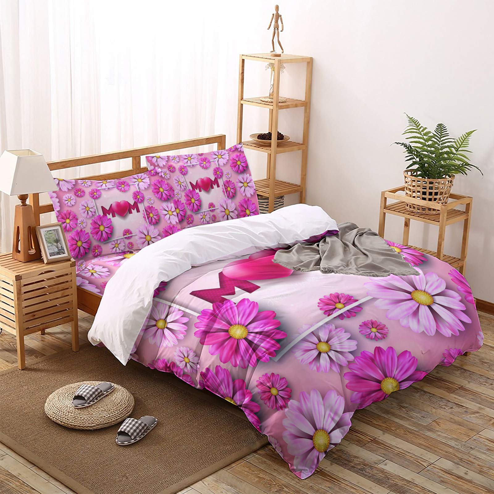 Fangship 4-Piece Duvet Cover Set - Pink Daisy Floral Design, Ultra Soft Comforter Cover with Zipper Closure & Corner Ties for Queen/Full Size Bed - Perfect Mother's Day Gift, Bedroom Decor Upgrade for Spring & Summer