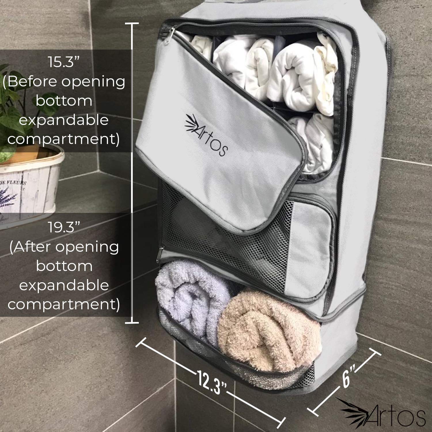 Artos Hanging Portable Luggage Organizer with Hooks - Travel Suitcase Storage for Carry-On, RV & Camping | Packing Cube for Clothes & Accessories | Space-Saving Grey Shelving Solution (Ideal for Business Trips, Vacations & Road Trips)