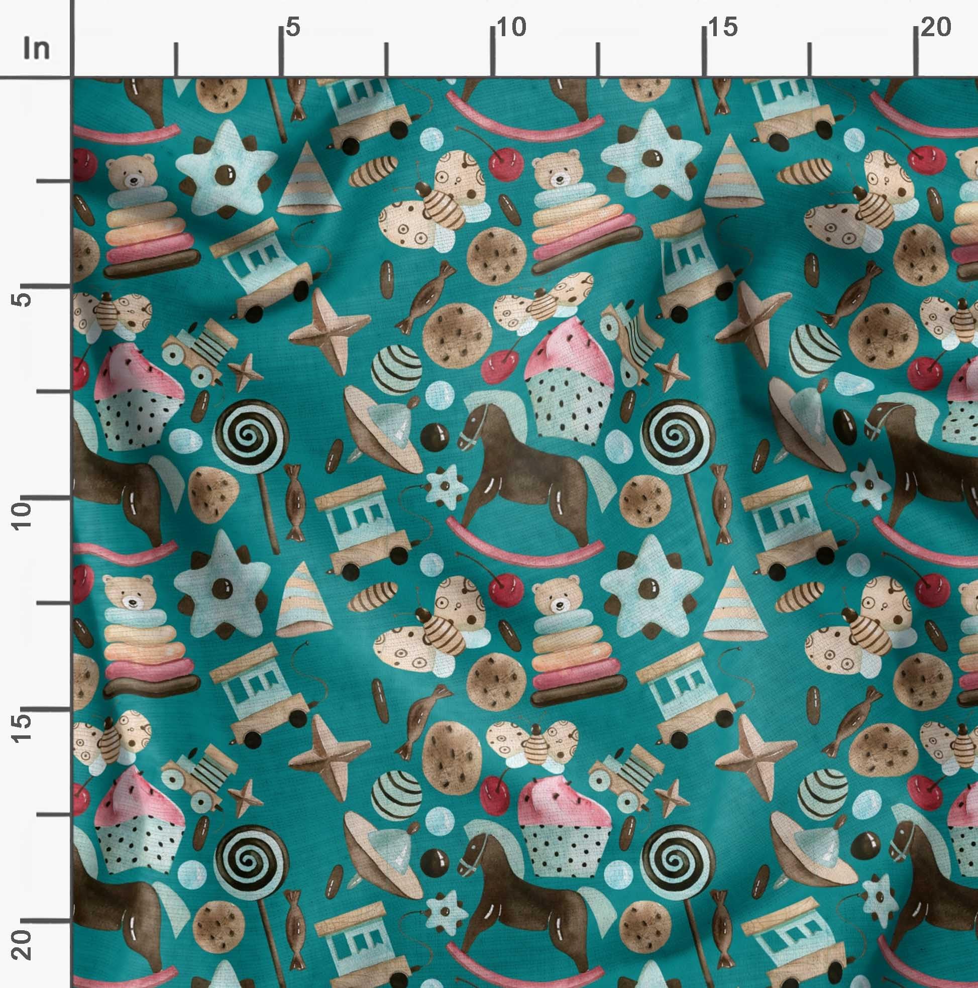 Soimoi Green Silk Fabric by The Yard - 42 Inch Wide - Cartoon Kids Textile with Cookies, Bear & Rocking Horse Print - Sweet Playful Patterns for Children's Room Decor, DIY Projects & Crafting