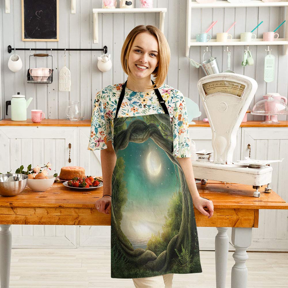 HGOD DESIGNS Holiday Greenery Trees & Moon Kitchen Apron for Women & Men - Adjustable Adult Bib for Cooking, Baking, Gardening & Holiday Decorating