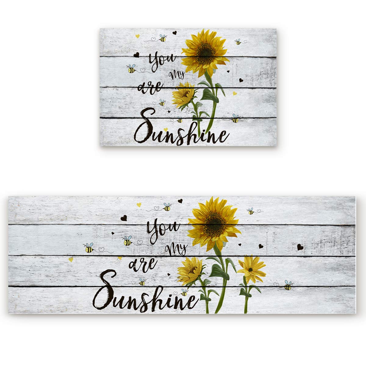 Non-Slip Anti-Fatigue Kitchen Rugs Set - 2 Piece Cushioned Floor Mats (23.6x35.4in + 23.6x70.9in) Machine Washable Sunflower Design - Perfect for Kitchen, Entryway, and Laundry Room Floor Protection