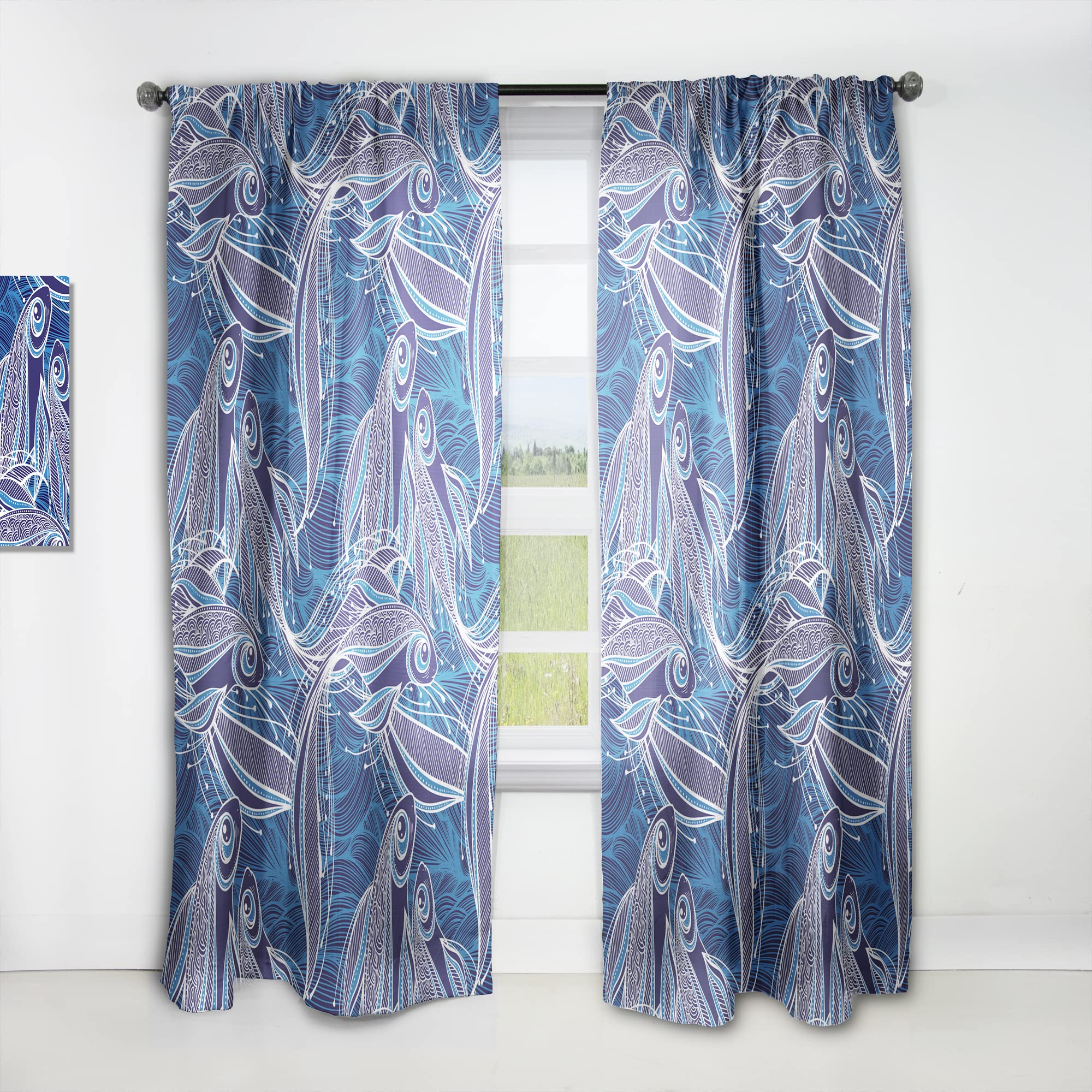 Blue Fish Pattern Thermal Insulated Curtains - Single Panel 52x95 Inches - Blackout Drapes for Bedroom & Living Room - Perfect for Home Decor, Privacy & Temperature Control