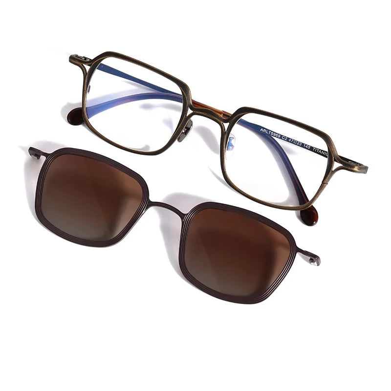 Aror Unisex Full Rim Square Titanium Eyeglasses with Clip-On Sunglasses - Lightweight Durable Frame for Men & Women - Perfect for Driving, Reading & Outdoor Activities (Model 5969)