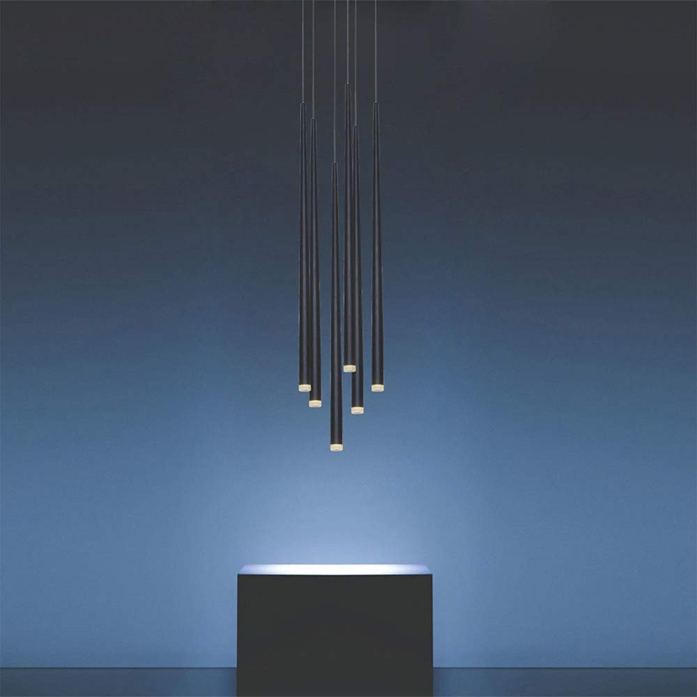 6-Light LED Pendant Lighting Fixture - Modern Adjustable Long Tube Hanging Lamp with Warm White 3000K (18W) - Black for Living Room, Dining Room, Stairwell - Perfect for Kitchen Island, Bar Counter, and Entryway Lighting