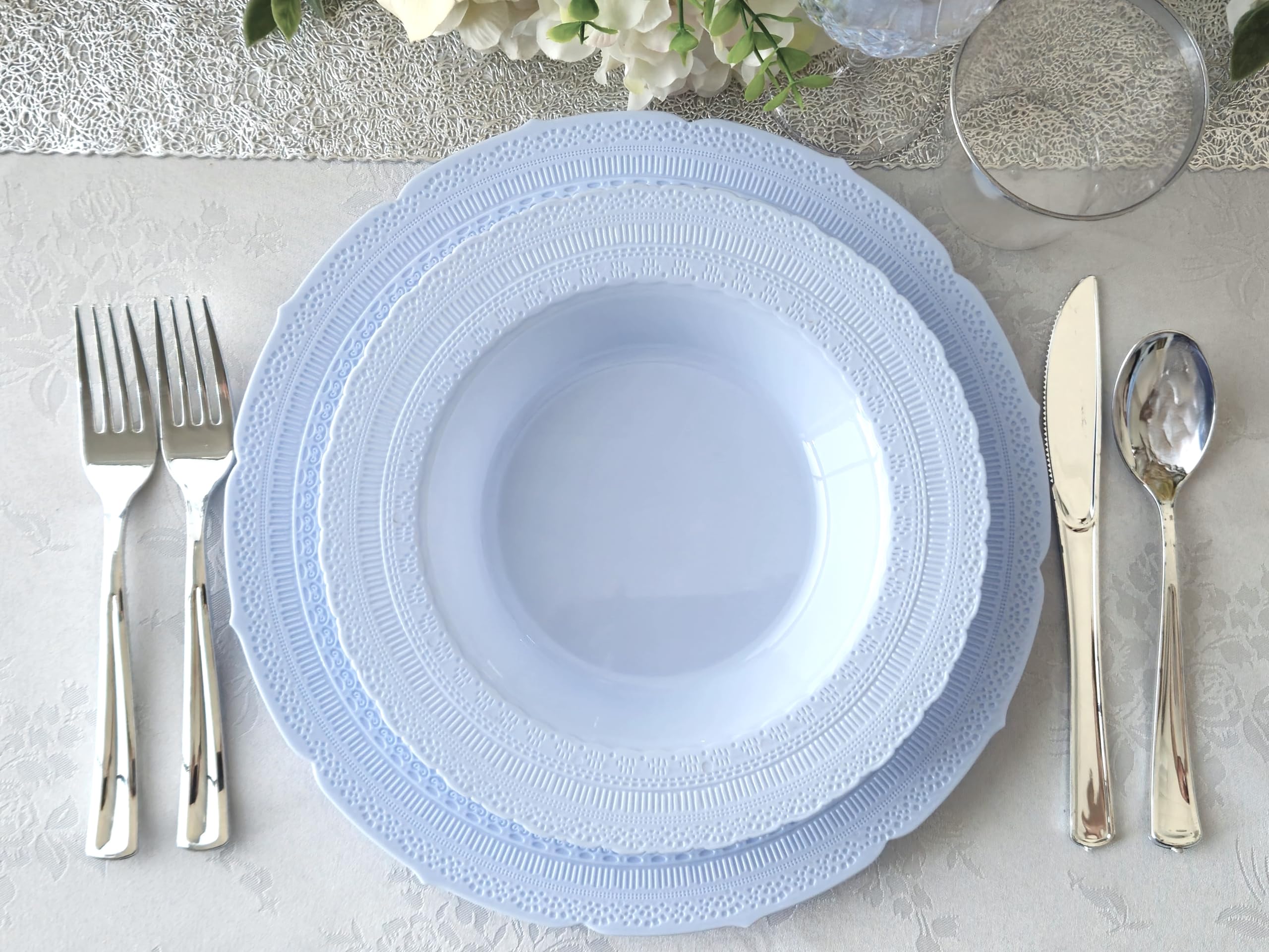 40-Piece Heavyweight Disposable Plastic Plates Set - Vintage Chateau Blue 14oz Soup Bowls for Weddings, Parties & Events | Durable Dinnerware for Catering, Picnics, BBQs & Family Gatherings