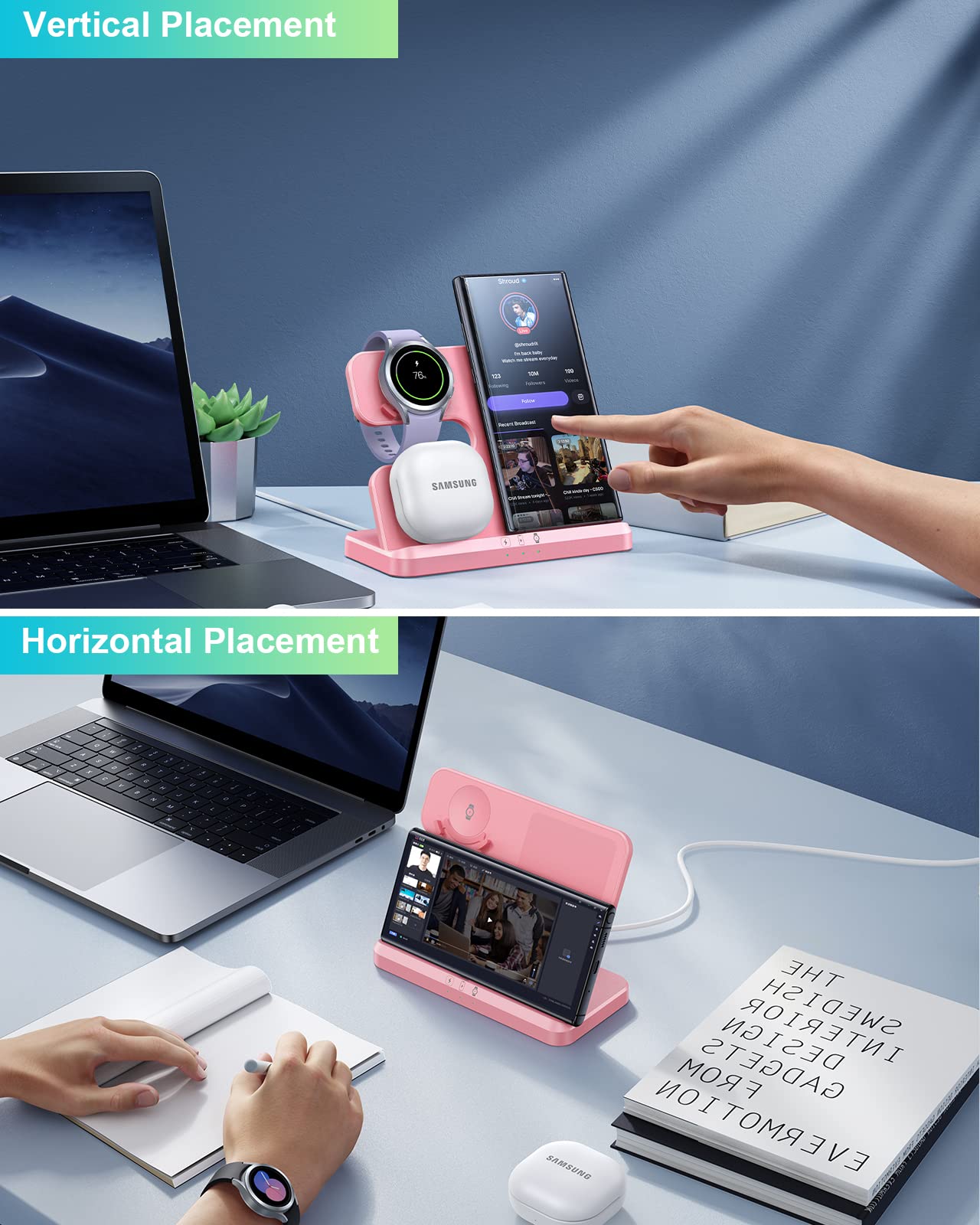 3-in-1 Fast Wireless Charging Station for Samsung Galaxy Z Flip 5/4/3, Z Fold, S23 Ultra/S22/S21/S20, Watch 5/4/3 & Buds - Pink | Multi-Device Charger Stand for Android Phones | Perfect for Home, Office & Nightstand Charging