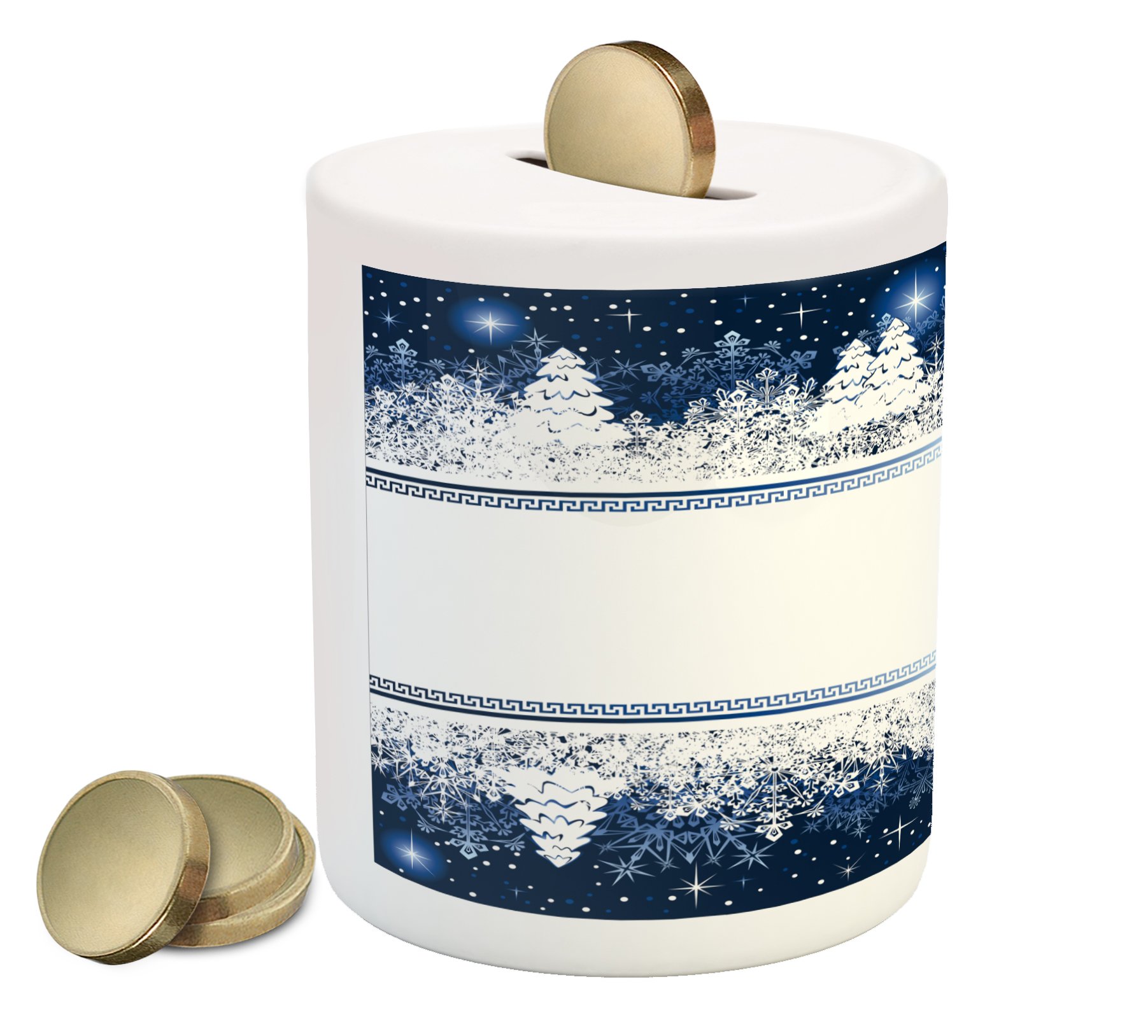 Ambesonne Christmas Piggy Bank - Frosty Winter Theme with Abstract Trees & Stars, Ceramic Coin Bank for Cash Saving (Dark Blue & White) - Perfect Holiday Gift for Kids & Adults, Great for Christmas Savings & Decor