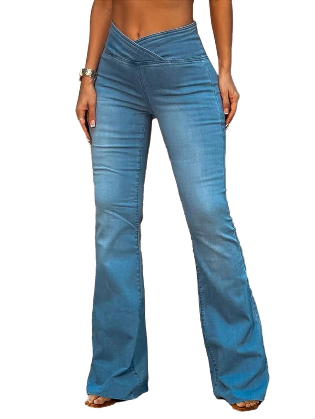 Flamingals Women's High Rise Wide Leg Flared Jeans - Stretch Denim Wrap Pants for Casual Wear | Perfect for Everyday Outfits, Work & Date Nights