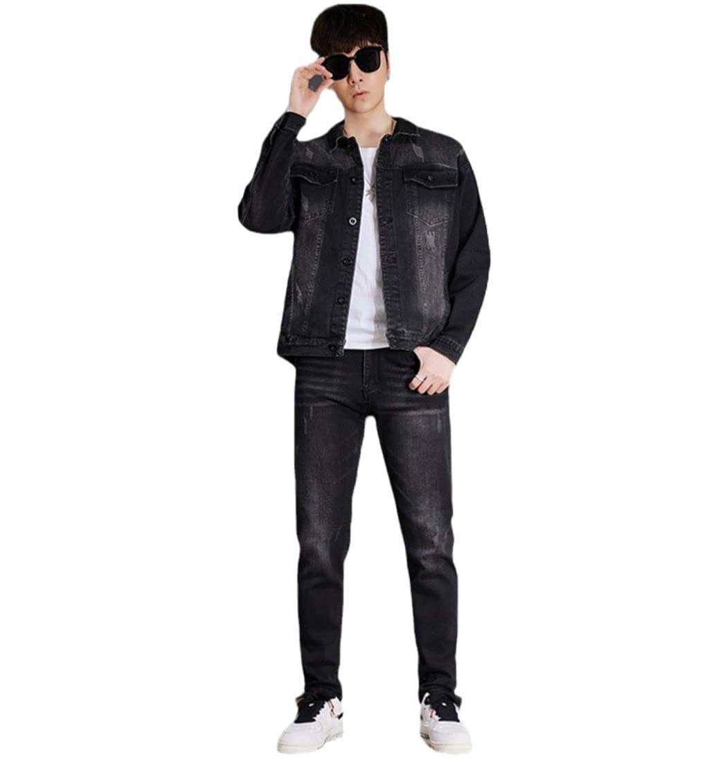 Men's Black Embroidered Denim Jacket & Jeans 2-Piece Set - Slim Fit Cowboy Cargo Work Outfit Matching Suit for Casual Wear, Western Style, and Outdoor Adventures