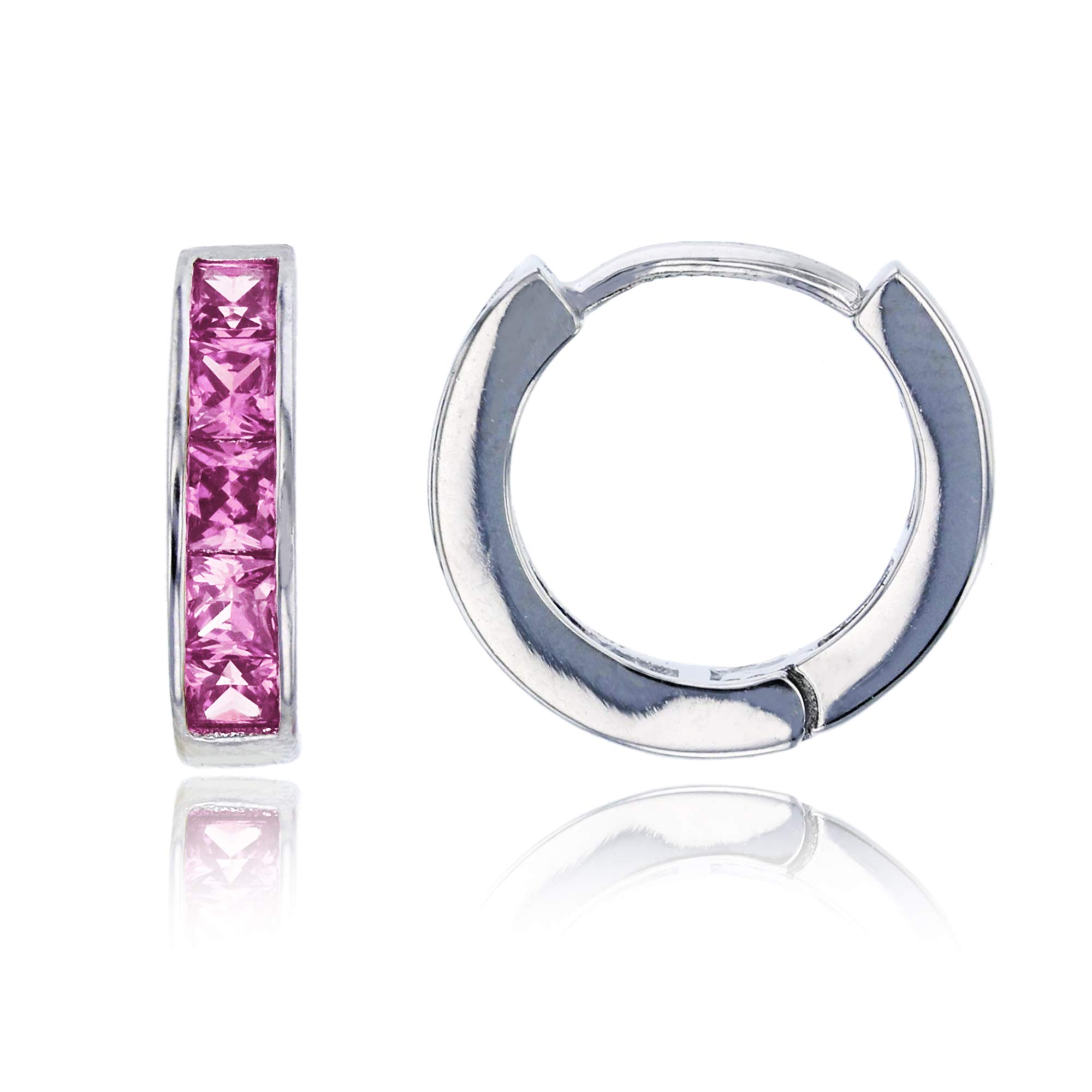 14K Sterling Silver Rhodium Plated Pink Princess Cut Channel Set Huggie Earrings (15x4mm) - Perfect for Gifts, Parties & Everyday Wear