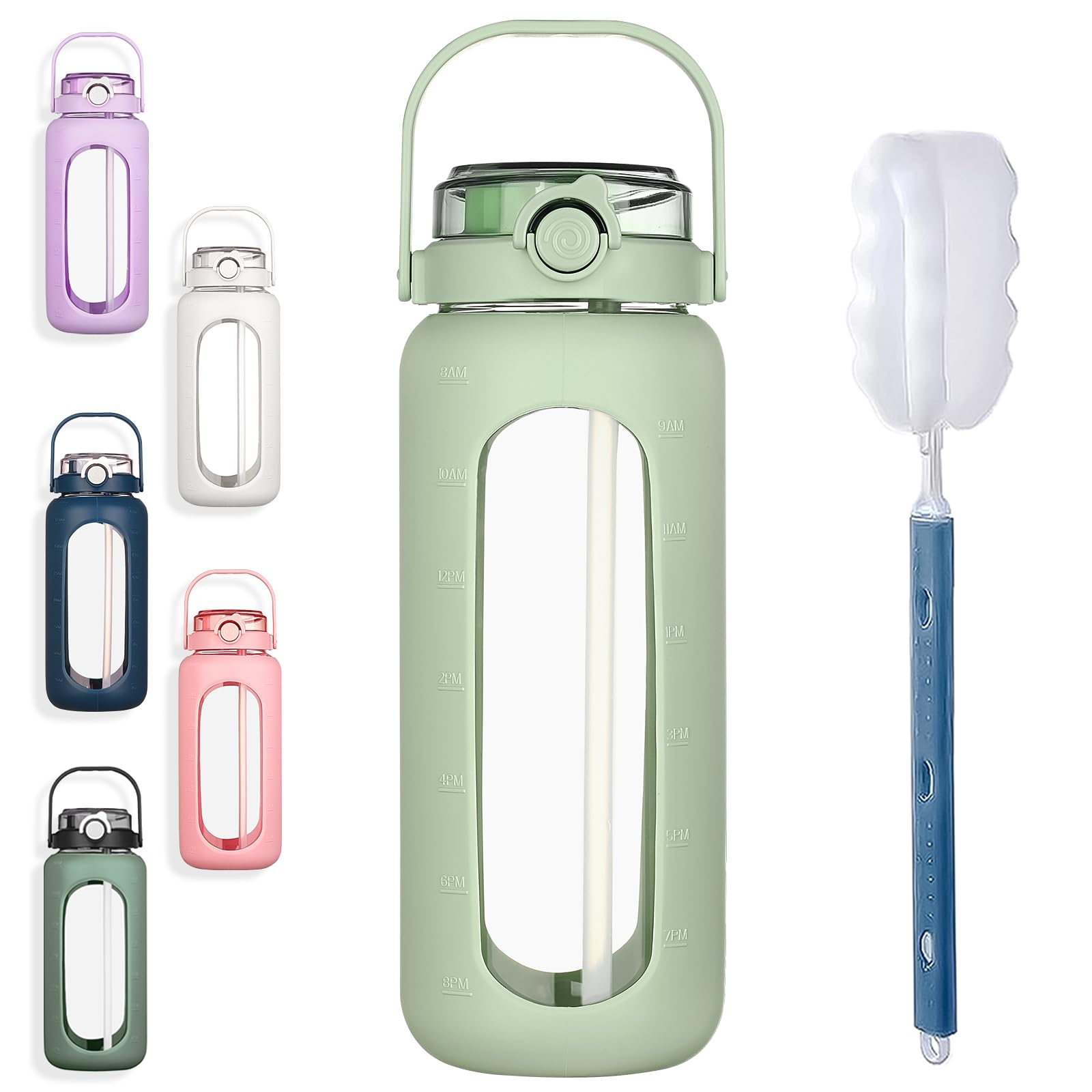 BLUEGO 56oz Glass Water Bottle with Straw & Time Marker - Half Gallon Motivational Water Bottle with Silicone Sleeve - 2L Large Glass Jug for Gym, Sports, Workout & Daily Hydration - Eco-Friendly Green Bottle - Perfect for Fitness Tracking, Office Use & Outdoor Activities