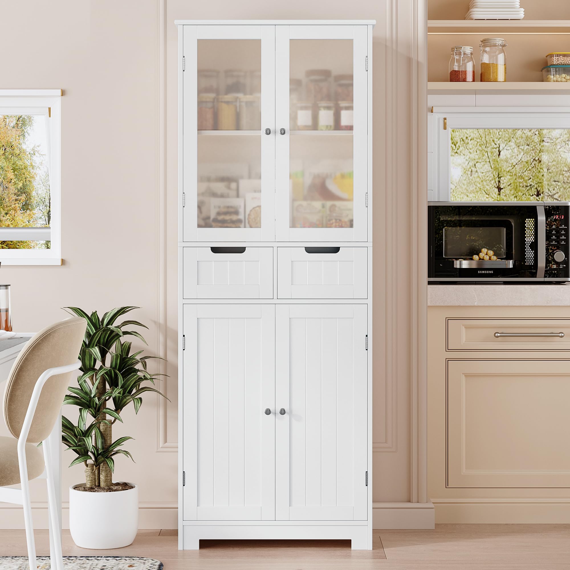 HOSTACK 64 Inch White Tall Storage Cabinet with Drawers and Glass Doors - Modern Kitchen Pantry, Bathroom Cabinet with Shelves, Free Standing Linen Cupboard for Dining Room - Perfect for Home Organization, Bedroom Storage & Living Room Decor