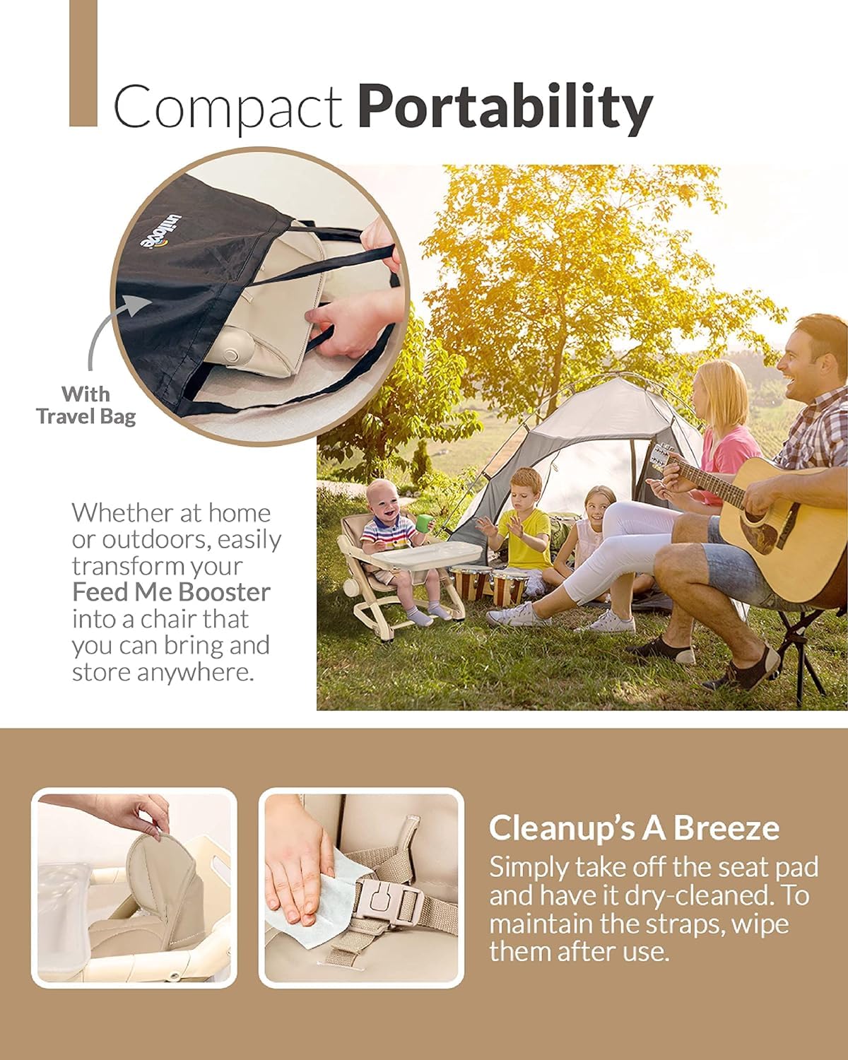 Voltz Toys Feed Me 3-in-1 Travel Booster Seat for Kids & Babies - Adjustable, Foldable, Portable High Chair with Safety Harness - Perfect for Dining, Travel & Outdoor Use (Tan)