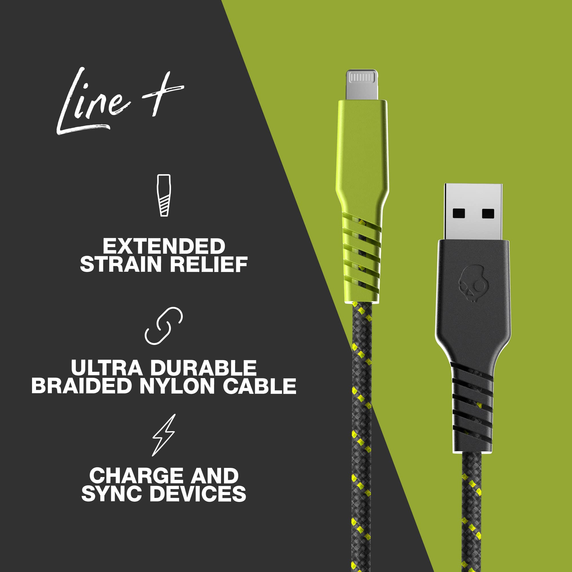 Skullcandy Line+ Braided Lightning Cable - 15W Fast Charging USB A to Lightning Cable for iPhone 14/13/12/11/Pro/Max/X/8/7/6, 6ft Durable Sync & Charger Cord in Grey/Yellow - Perfect for Home, Office & Travel Use